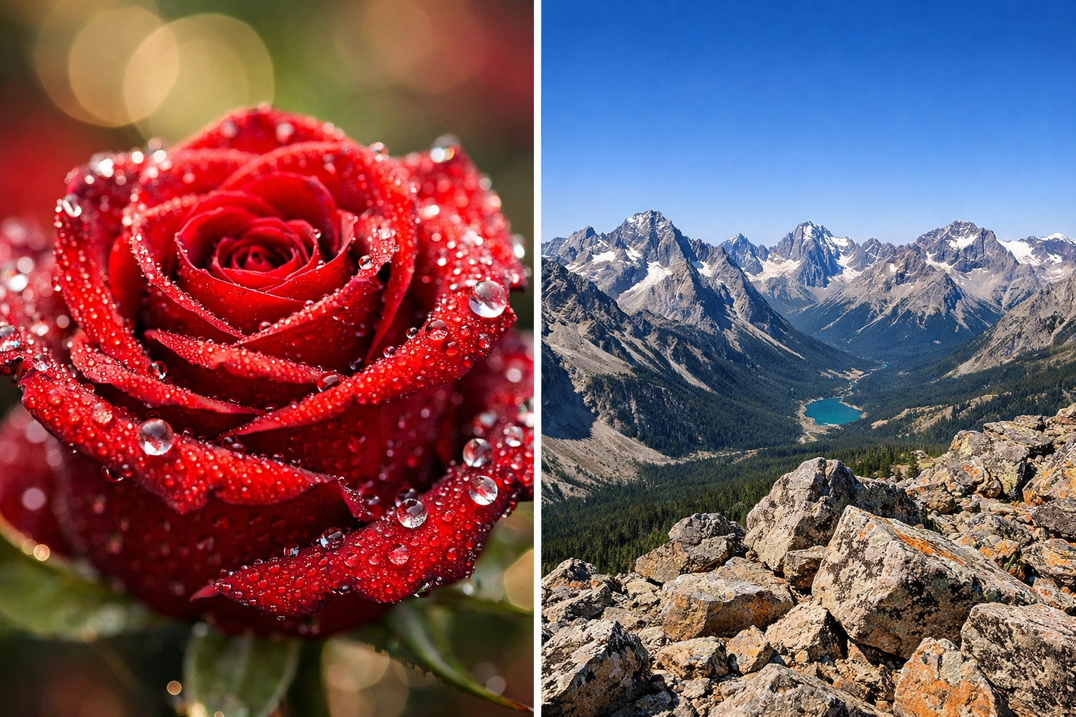 Photography tutorials showing aperture effects on background blur and sharp landscapes.