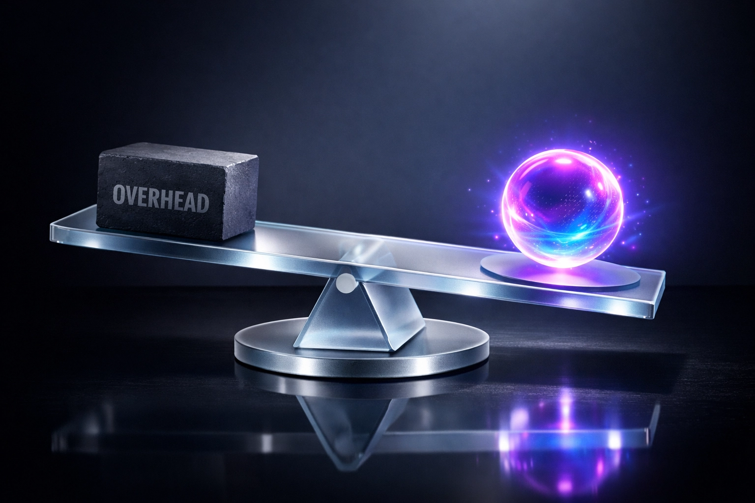 A scale weighing expensive human receptionist overhead against a low-cost, efficient AI phone answering service.