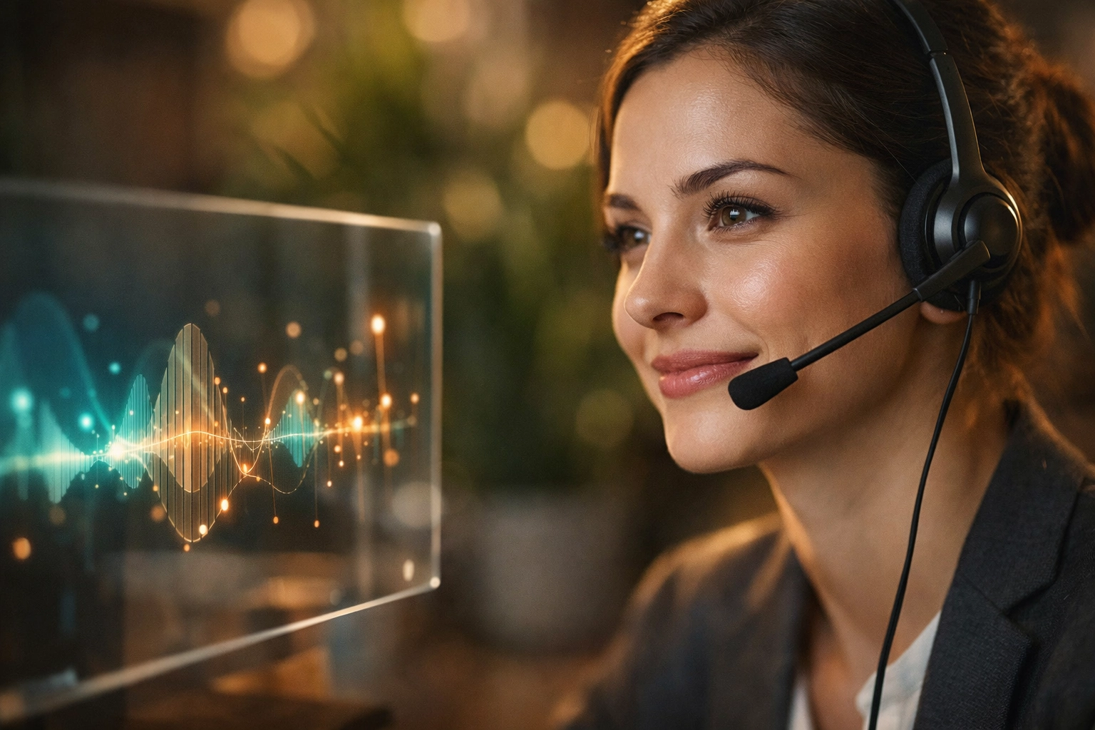 Call center agent using AI automation and real-time transcription tools for better customer service.