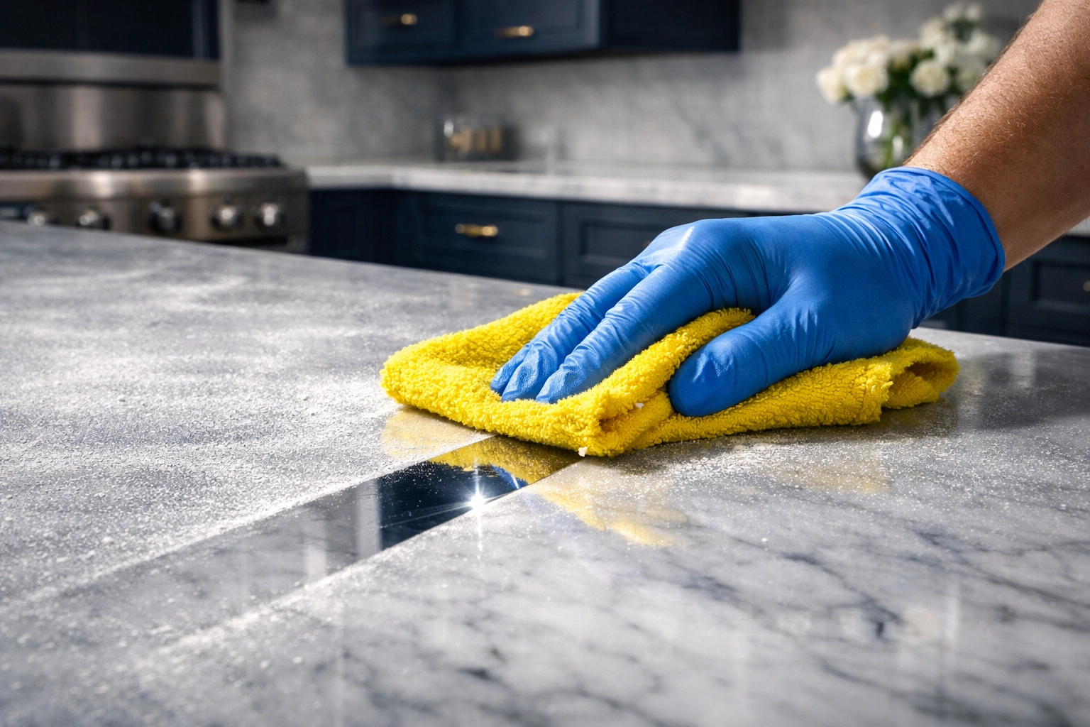 Removing white drywall dust from a luxury marble countertop during professional post-construction cleaning MA.