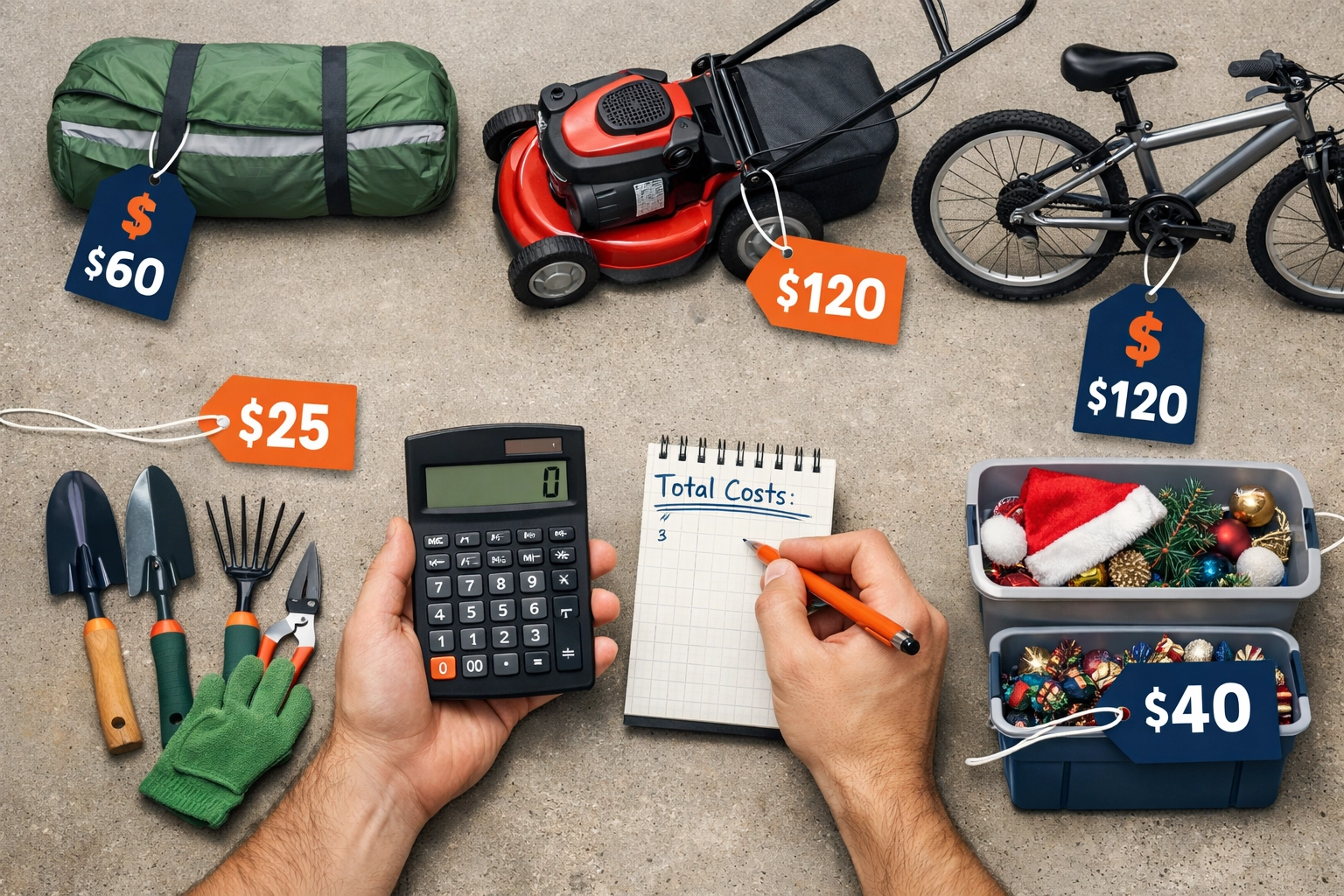Calculating storage costs of garage items including camping gear, lawnmower, and tools