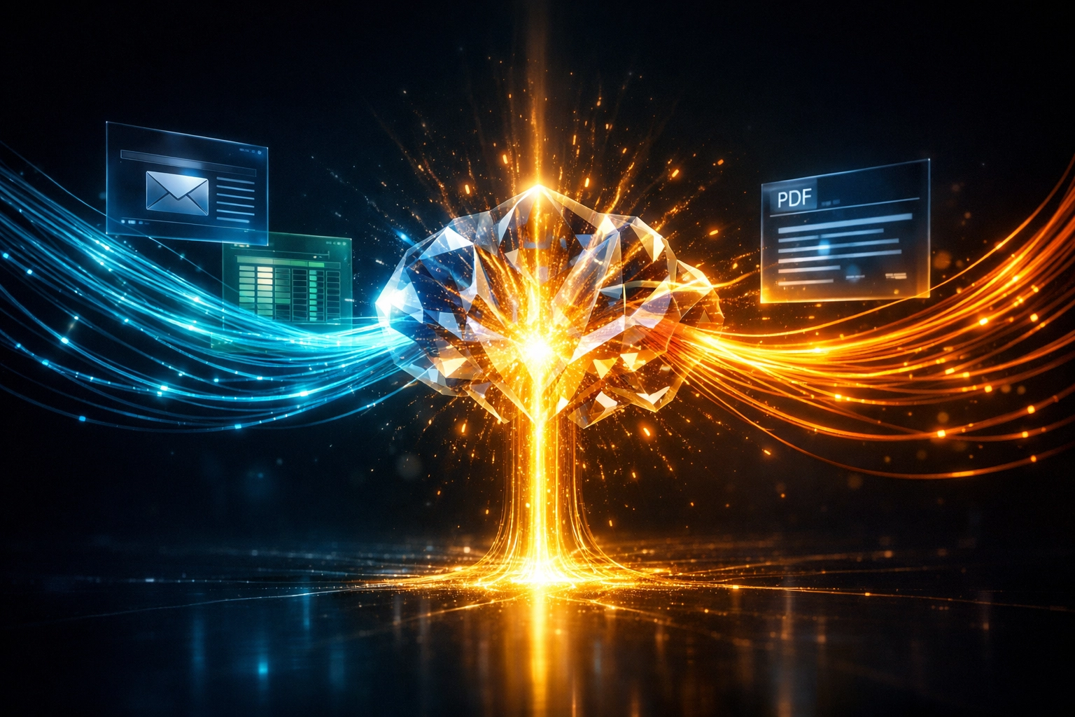 Integrated data core showing how AI integration services consolidate business information for process automation.