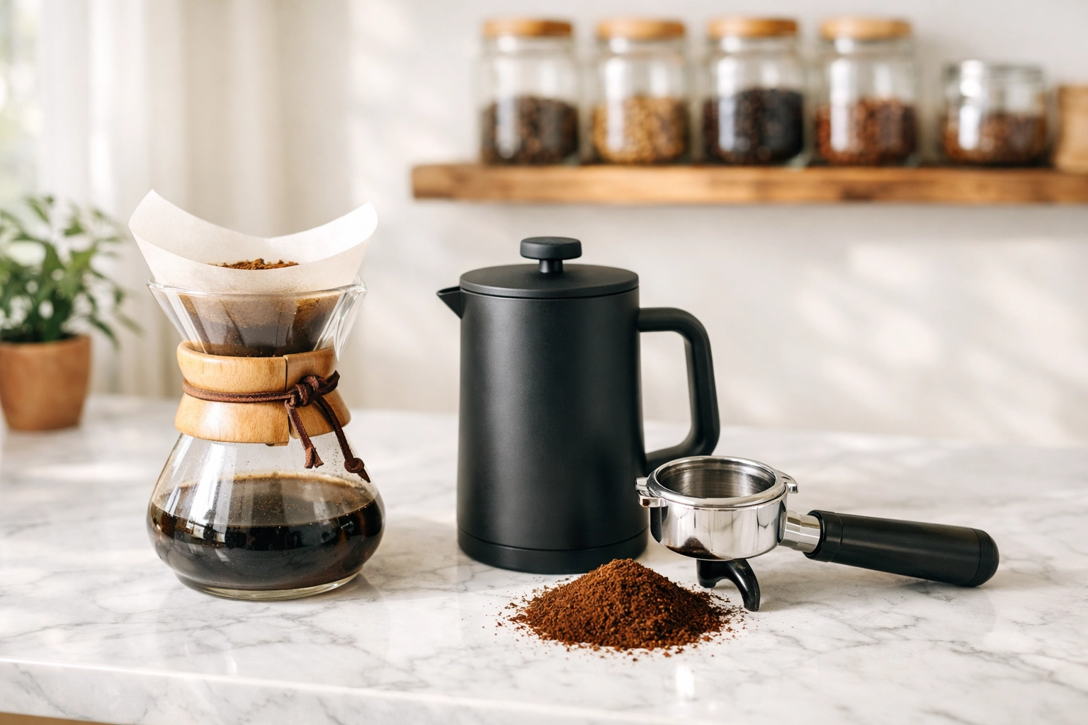 A professional home coffee setup with a variety of manual and espresso brewing gear.