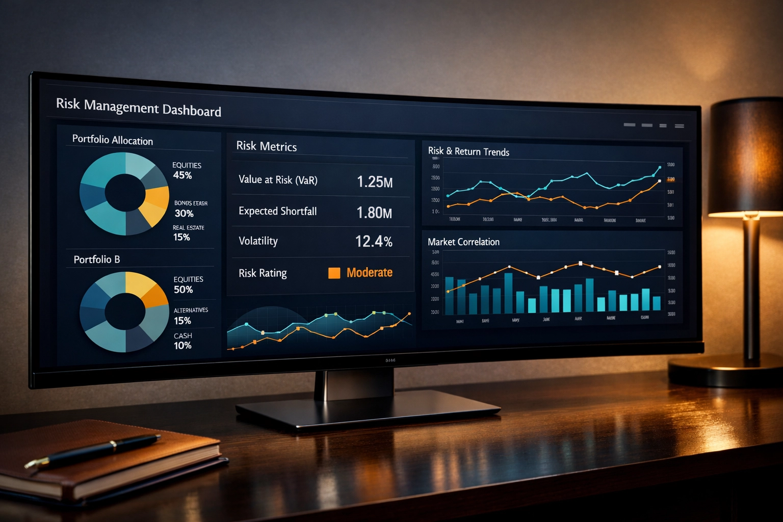 Portfolio risk management dashboard monitoring digital asset allocation and investment metrics