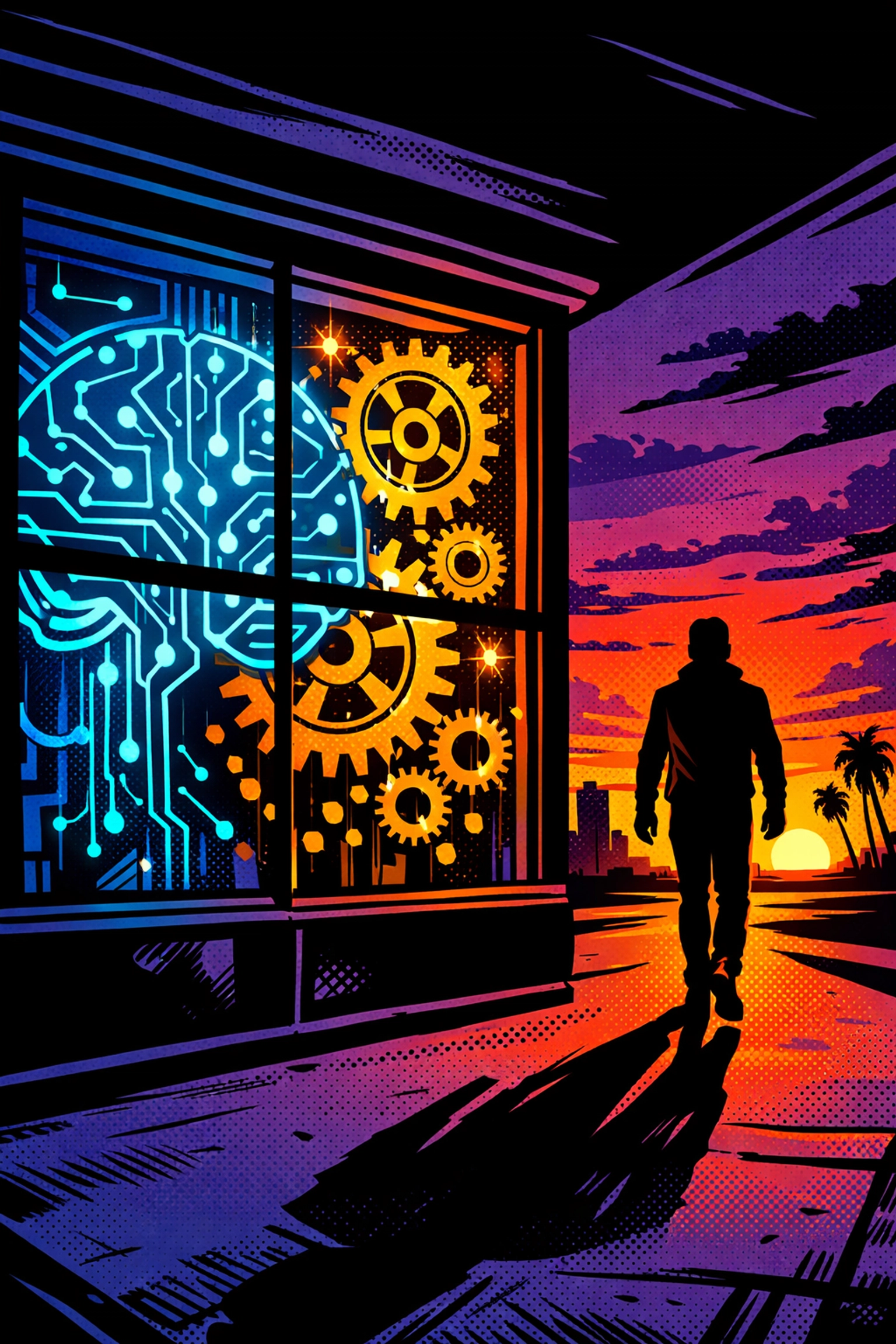 AI business automation running a 24/7 operation while the owner enjoys freedom outside the office.