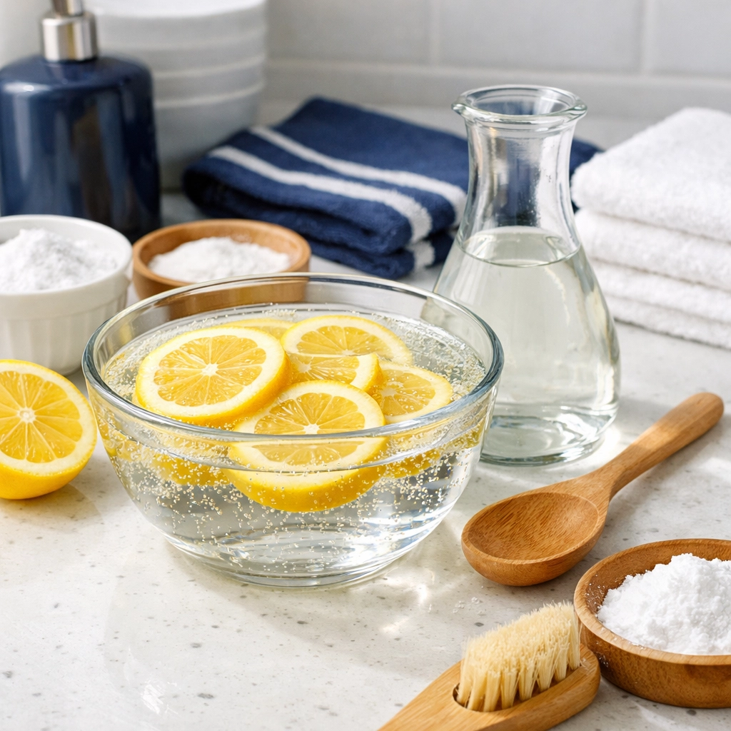 Natural eco-friendly cleaning ingredients like lemon and vinegar used for deep cleaning a microwave.