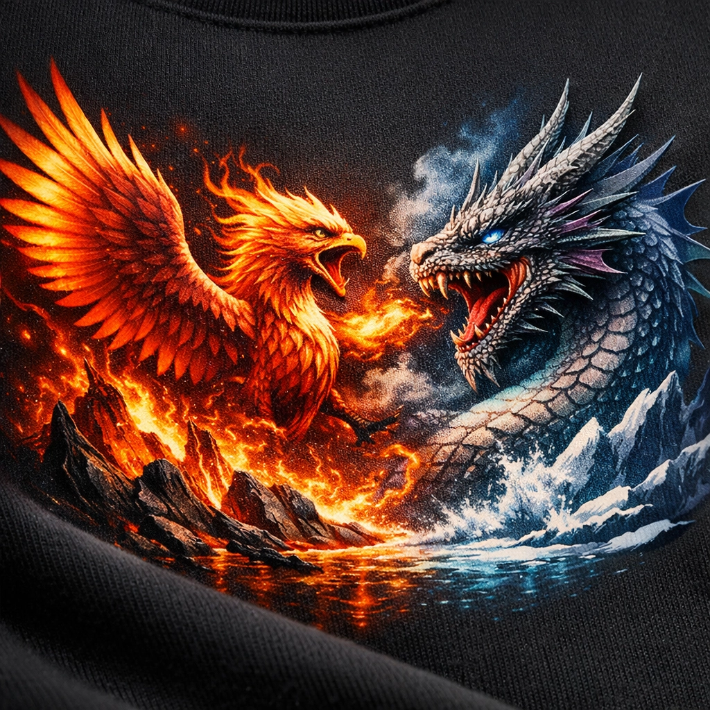 Close-up of a Full Color Fusion hybrid transfer on a custom shirt showing high-definition detail and gradients.