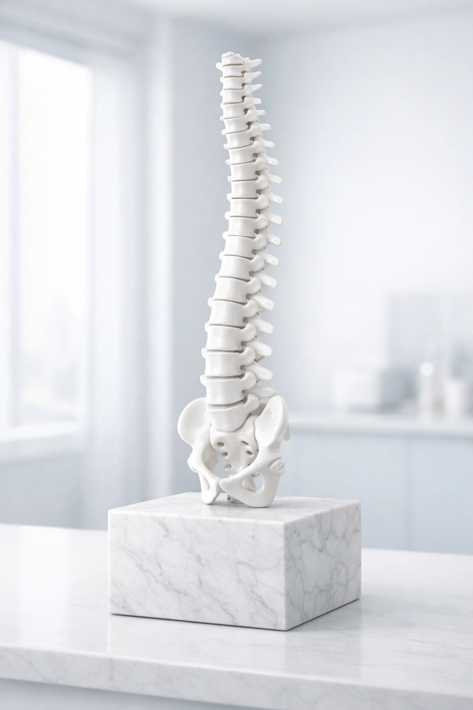 Ceramic spine model on a pedestal symbolizing a strong foundation for chiropractic local search dominance.