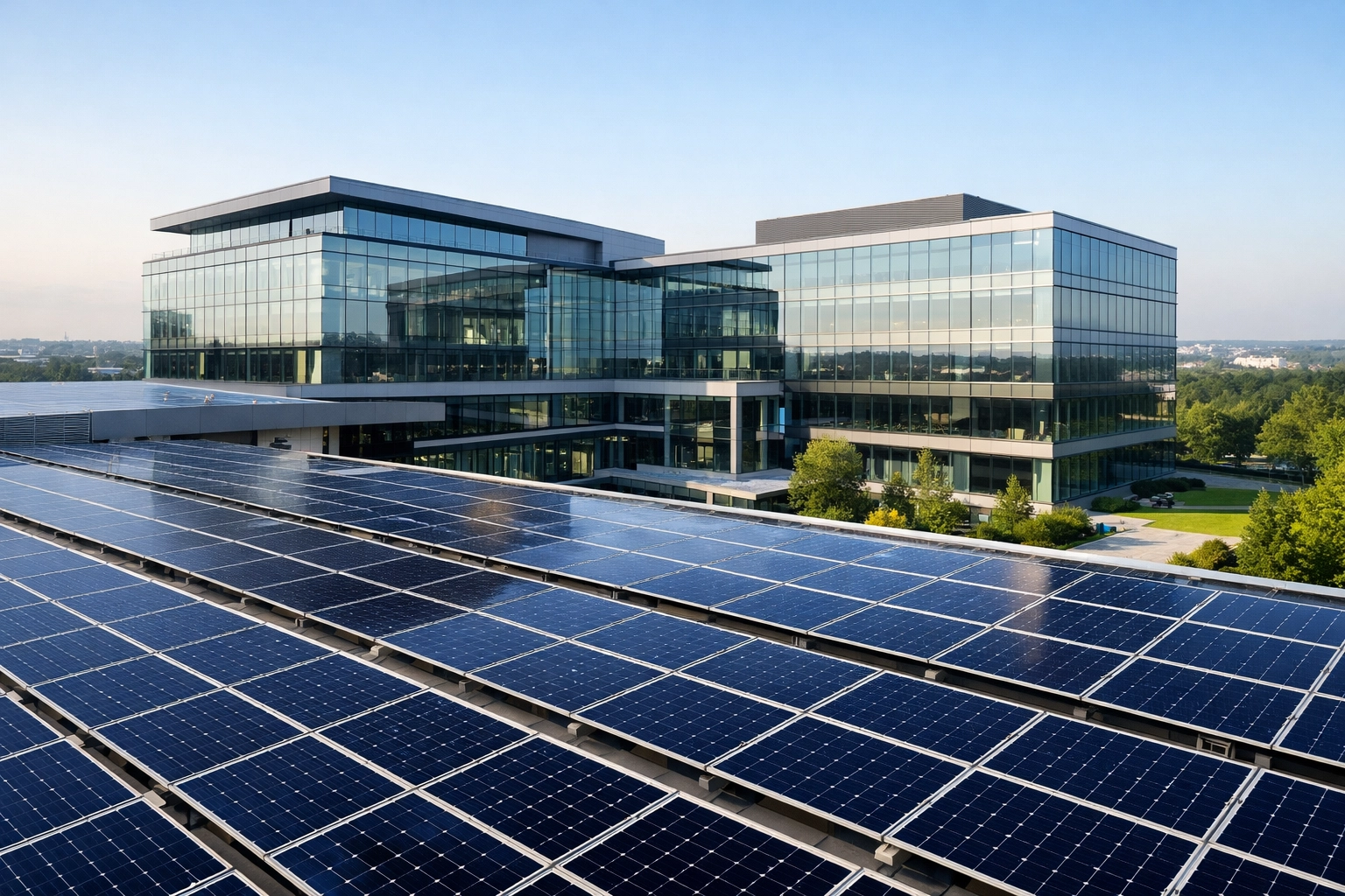 Modern business headquarters with a massive rooftop solar power array for commercial energy savings.