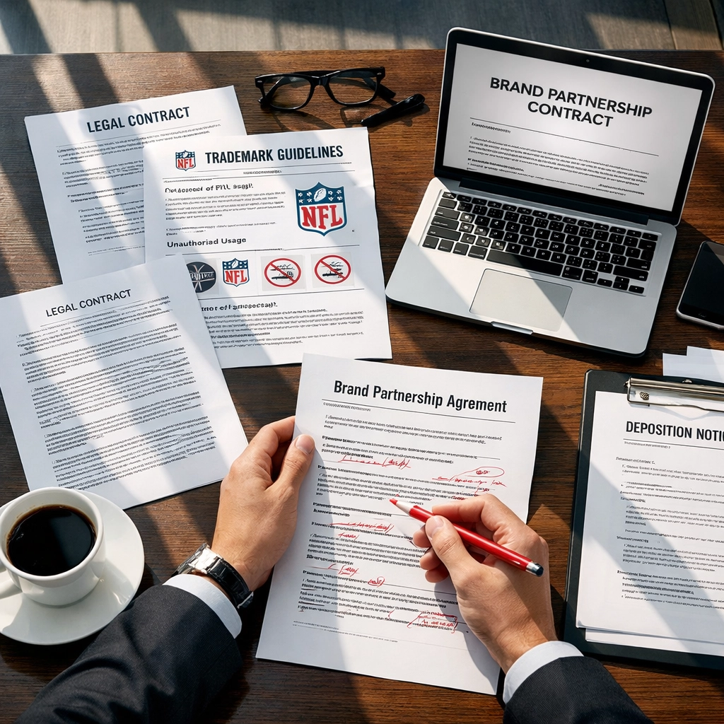 NFL trademark documents and brand partnership contracts on boardroom table with professional reviewing