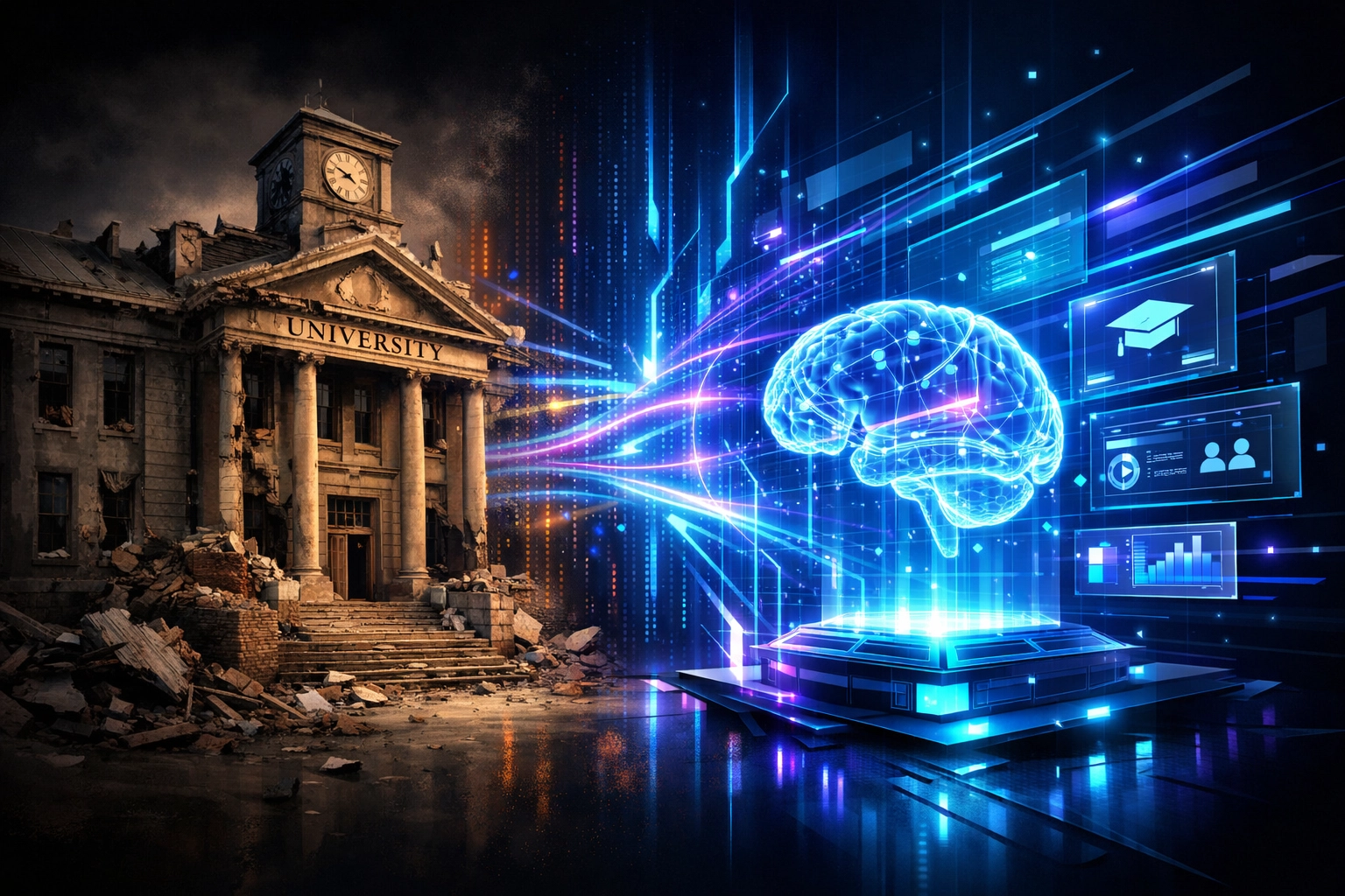 Traditional university building transforming into AI-powered assessment interface