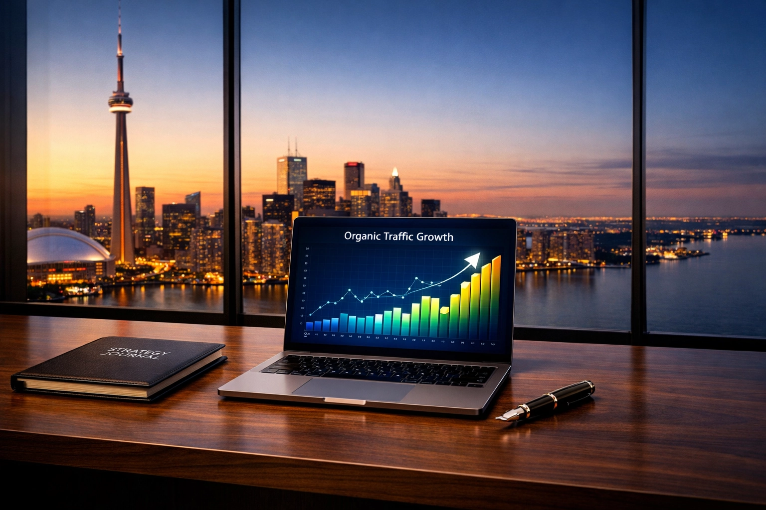 Organic search growth data on a laptop screen representing the success of a 90-day SEO framework.