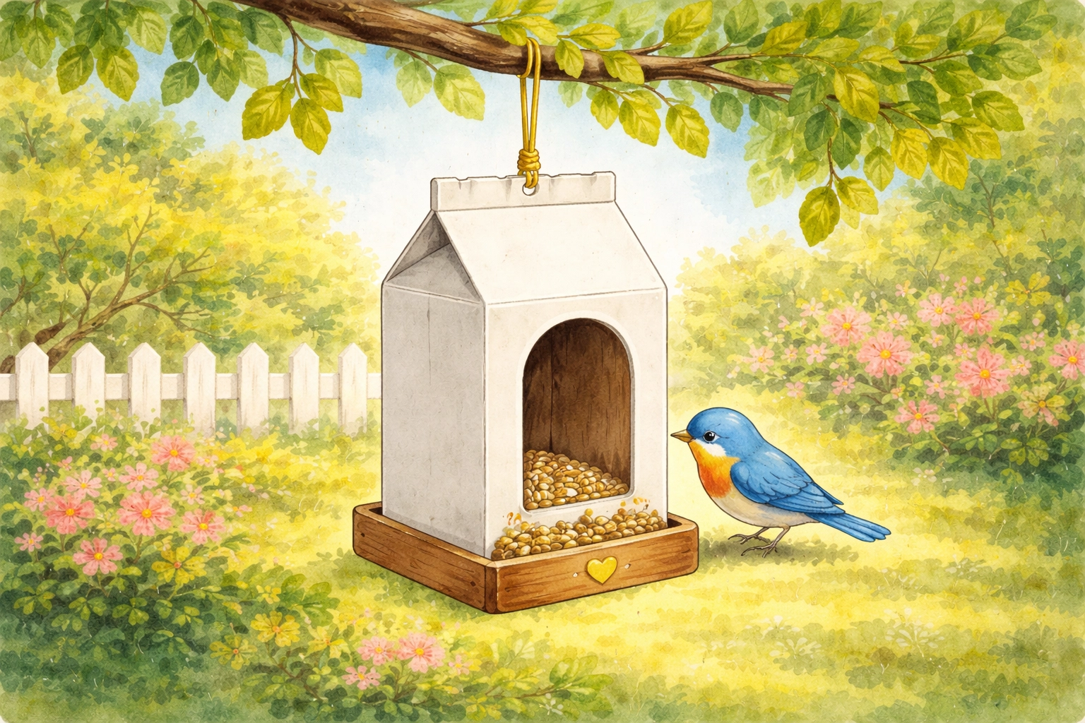 Decorated milk carton bird feeder with a bluebird in a sunny backyard, ideal for kids' eco-friendly crafts