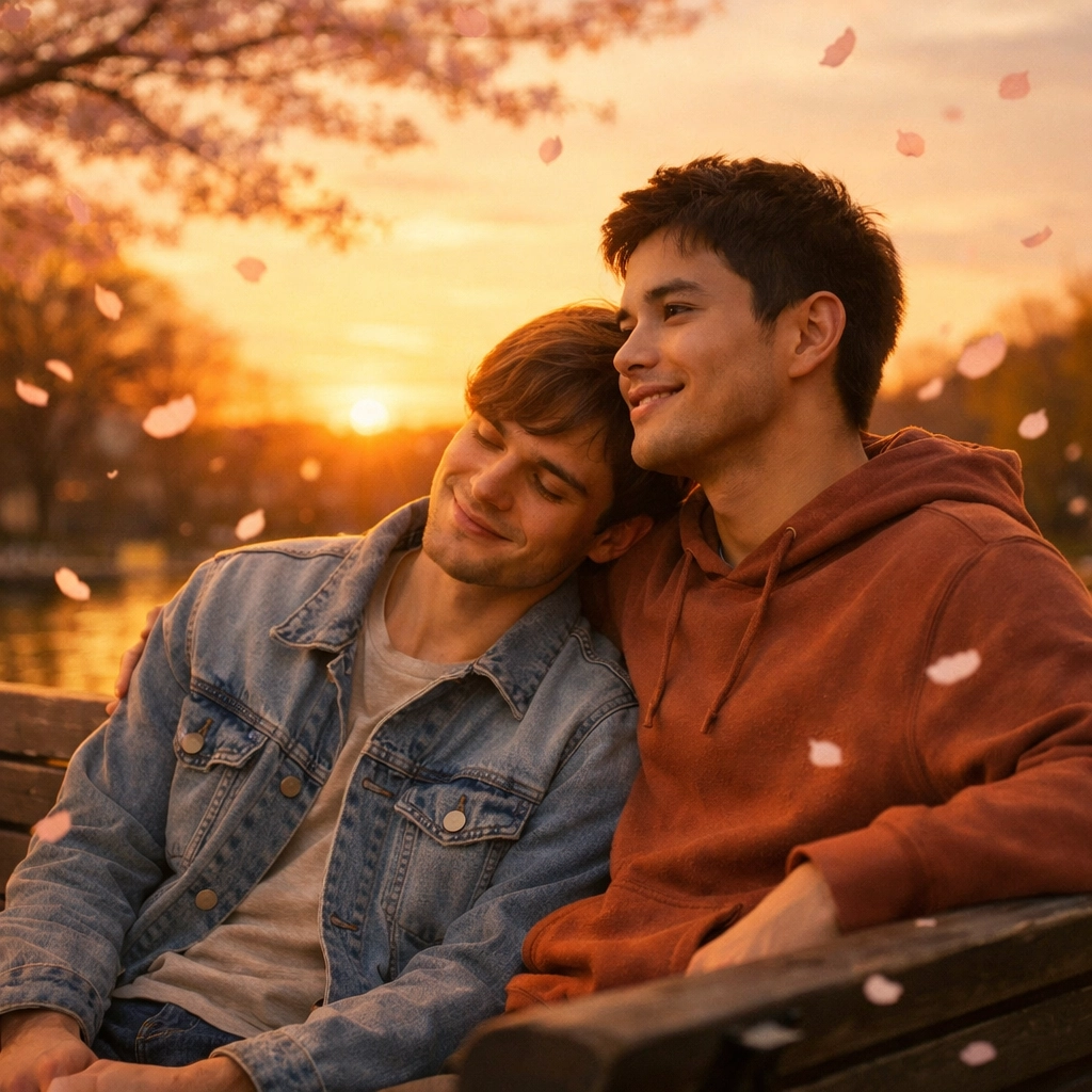 Two men in loving embrace on park bench at sunset representing everyday queer joy and happy endings