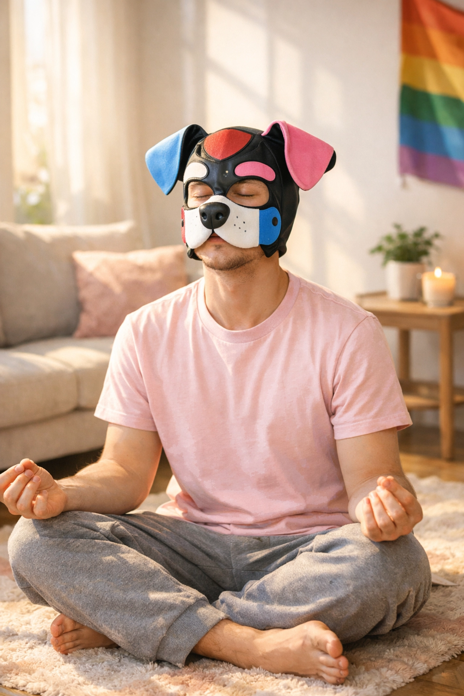 LGBTQ+ person in pup hood meditating peacefully during non-sexual puppy play headspace