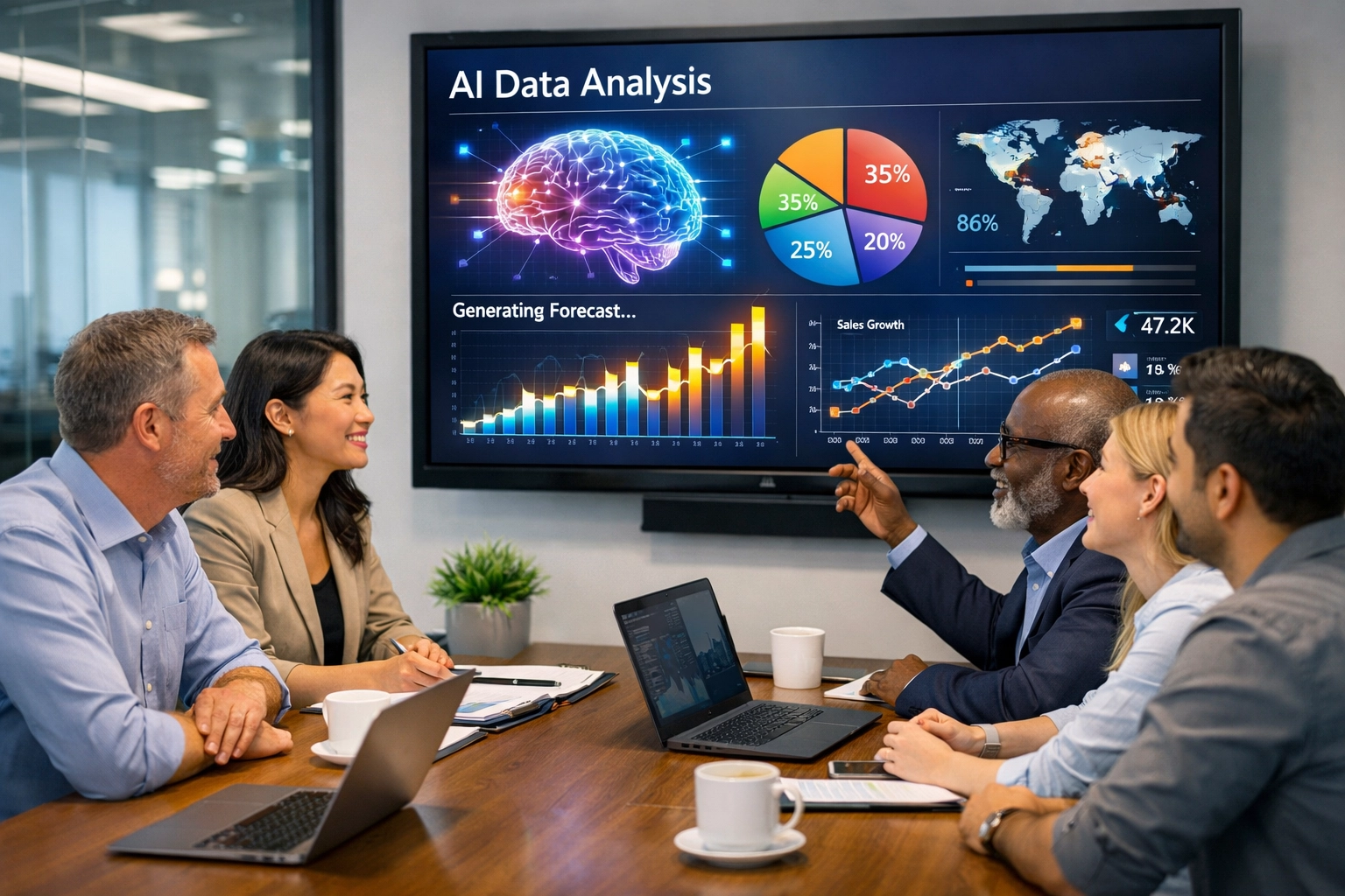 Business team reviewing Microsoft Copilot AI analytics on conference room monitor