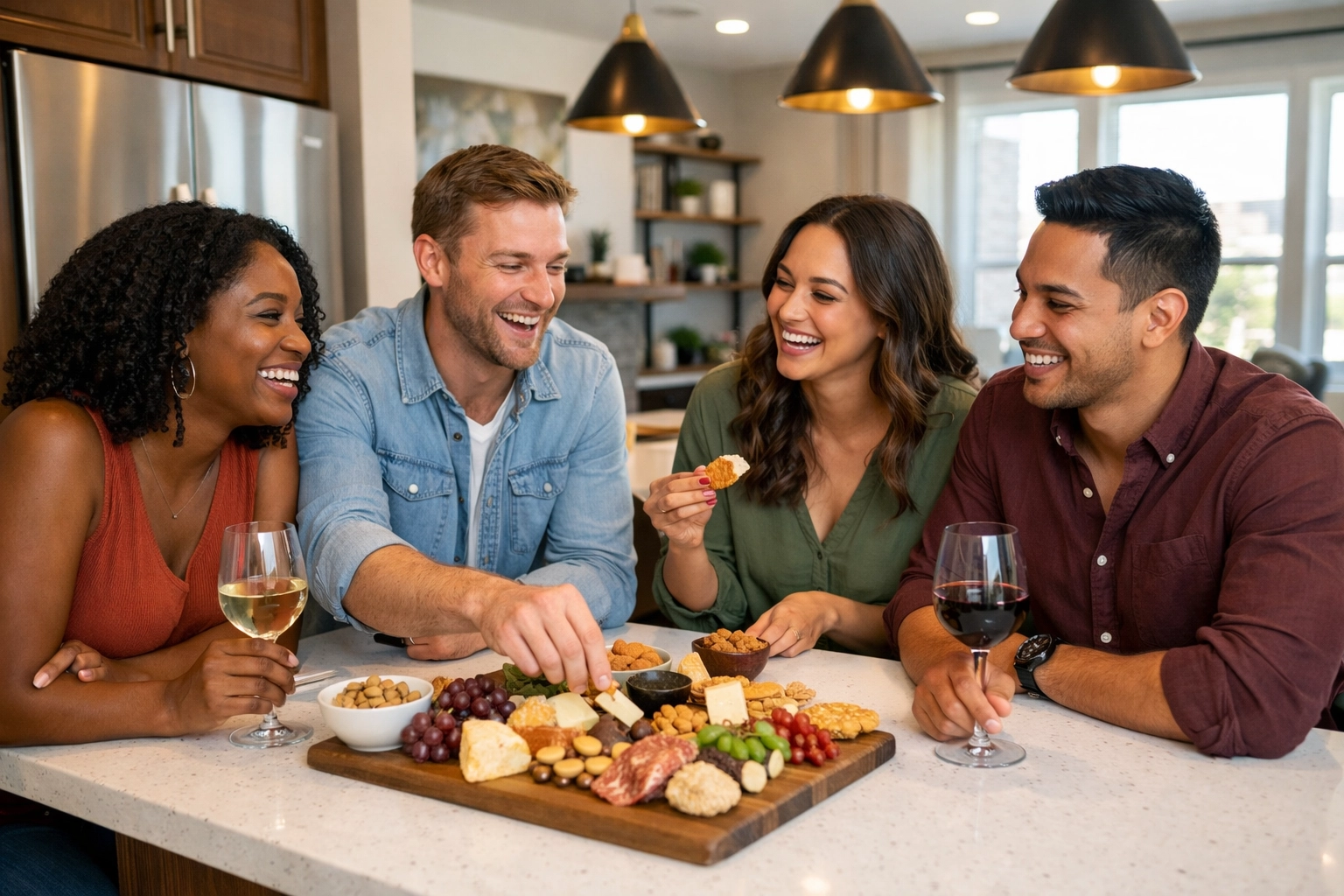 Diverse young professionals gathering in a modern kitchen, building a home in North Texas lifestyle.