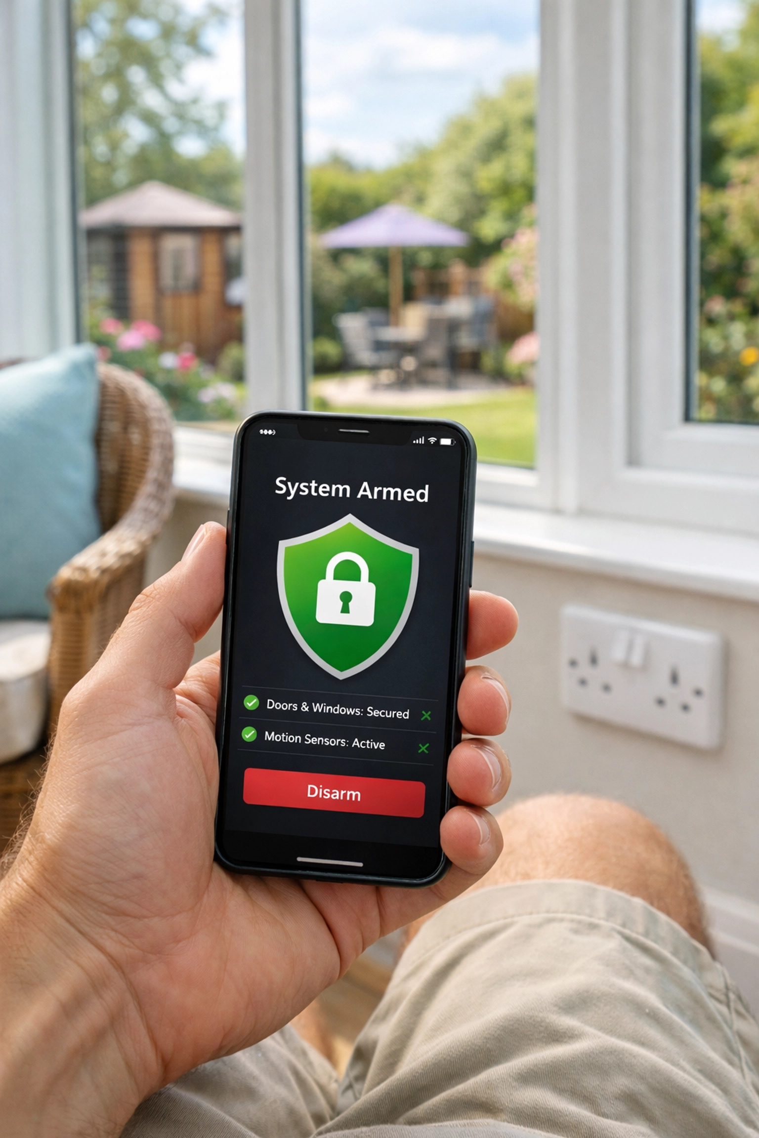 Homeowner using a smart security app to remotely arm a Bournemouth home alarm system.