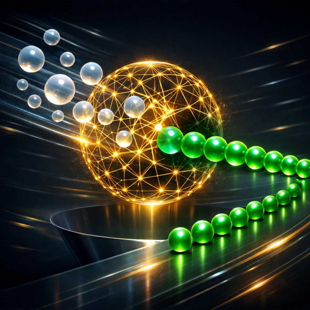 Abstract digital funnel showing an AI chatbot qualifying website visitors into high-value sales leads.