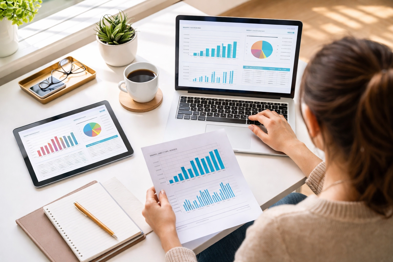 Small business owner reviewing Epos Now sales reports and inventory data at a modern workspace