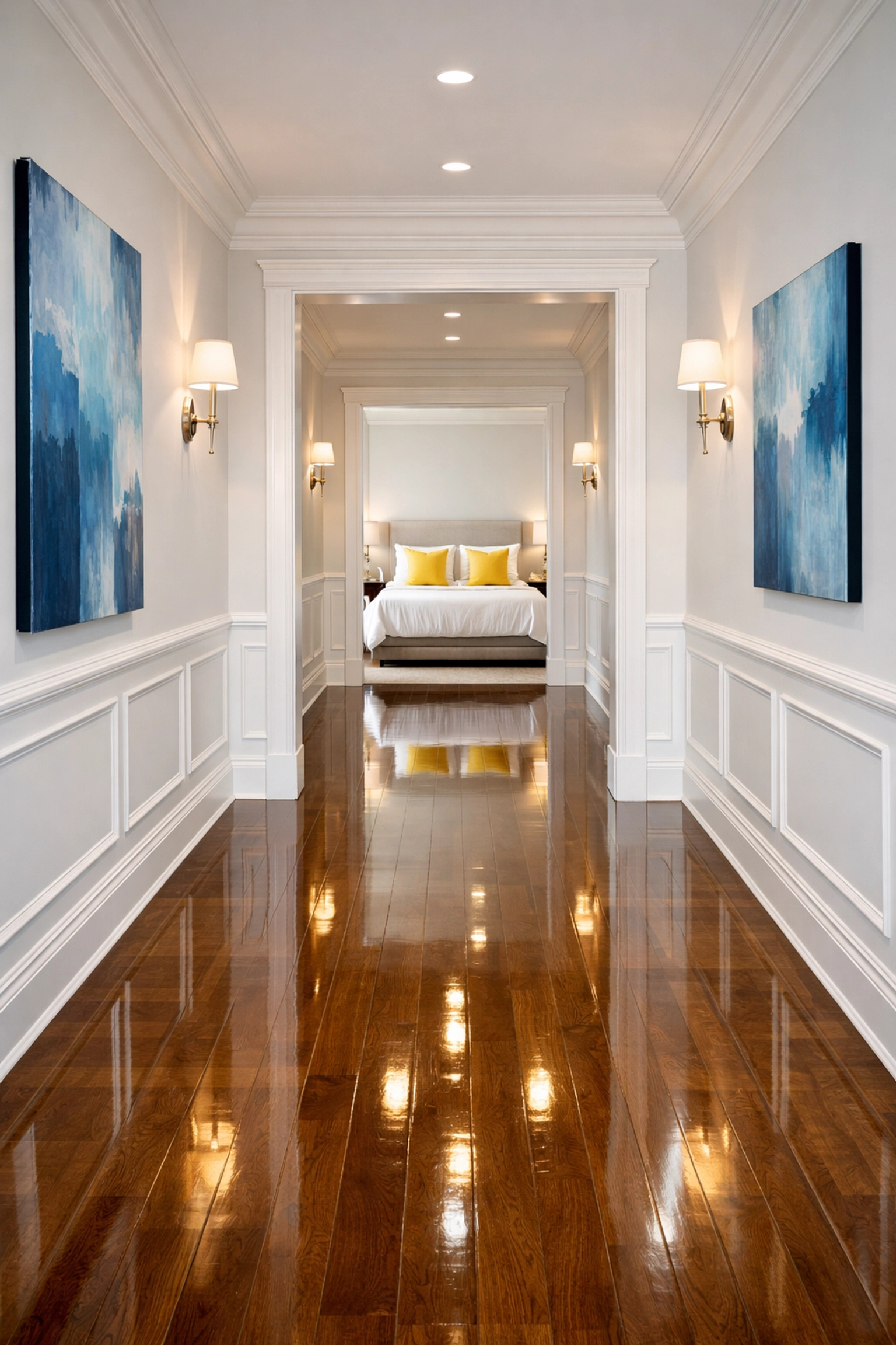 Reflective hardwood floors in a modern hallway after a weekly house cleaning visit.