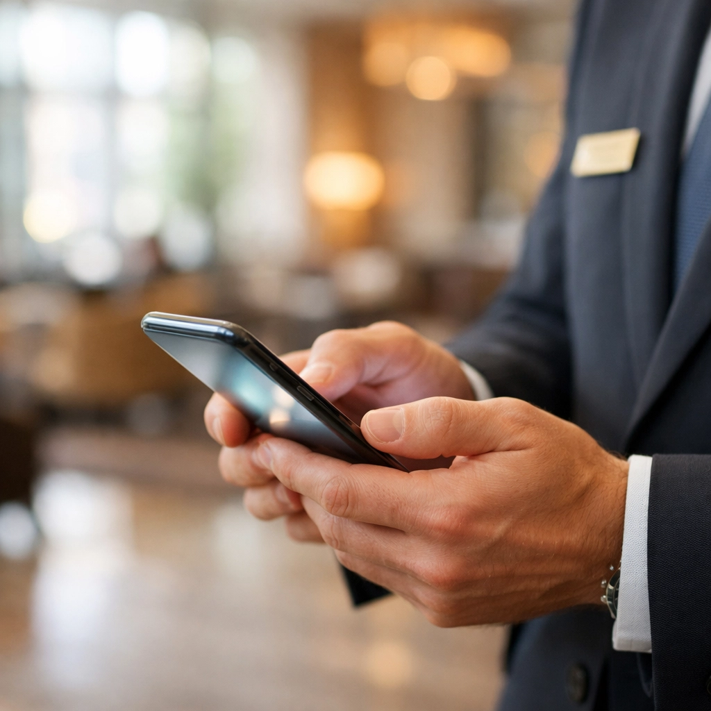 Hotel manager using smartphone for mobile PMS access in hotel lobby