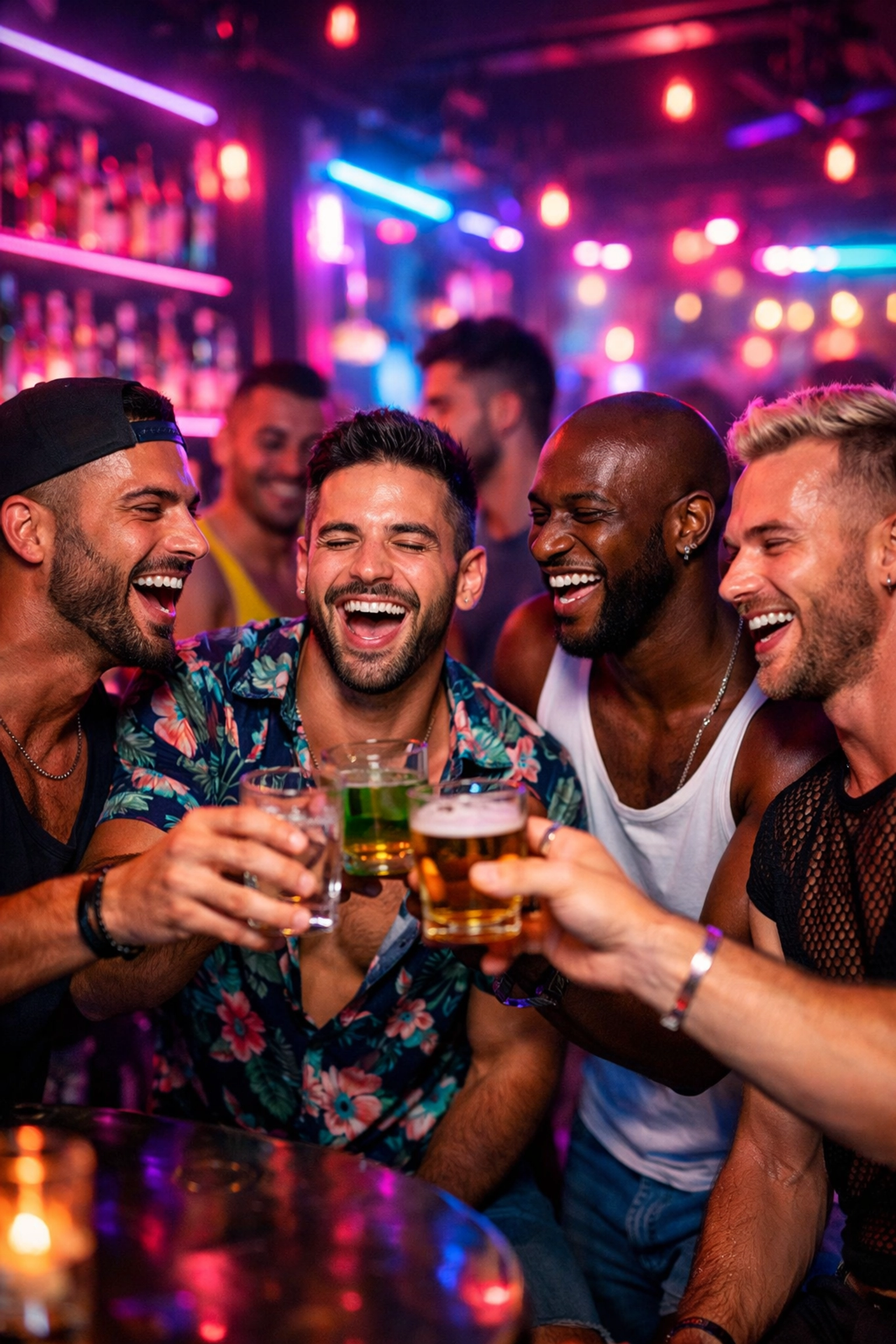 Gay and bisexual men dancing in a vibrant Tel Aviv bar, inspired by steamy MM romance scenes.