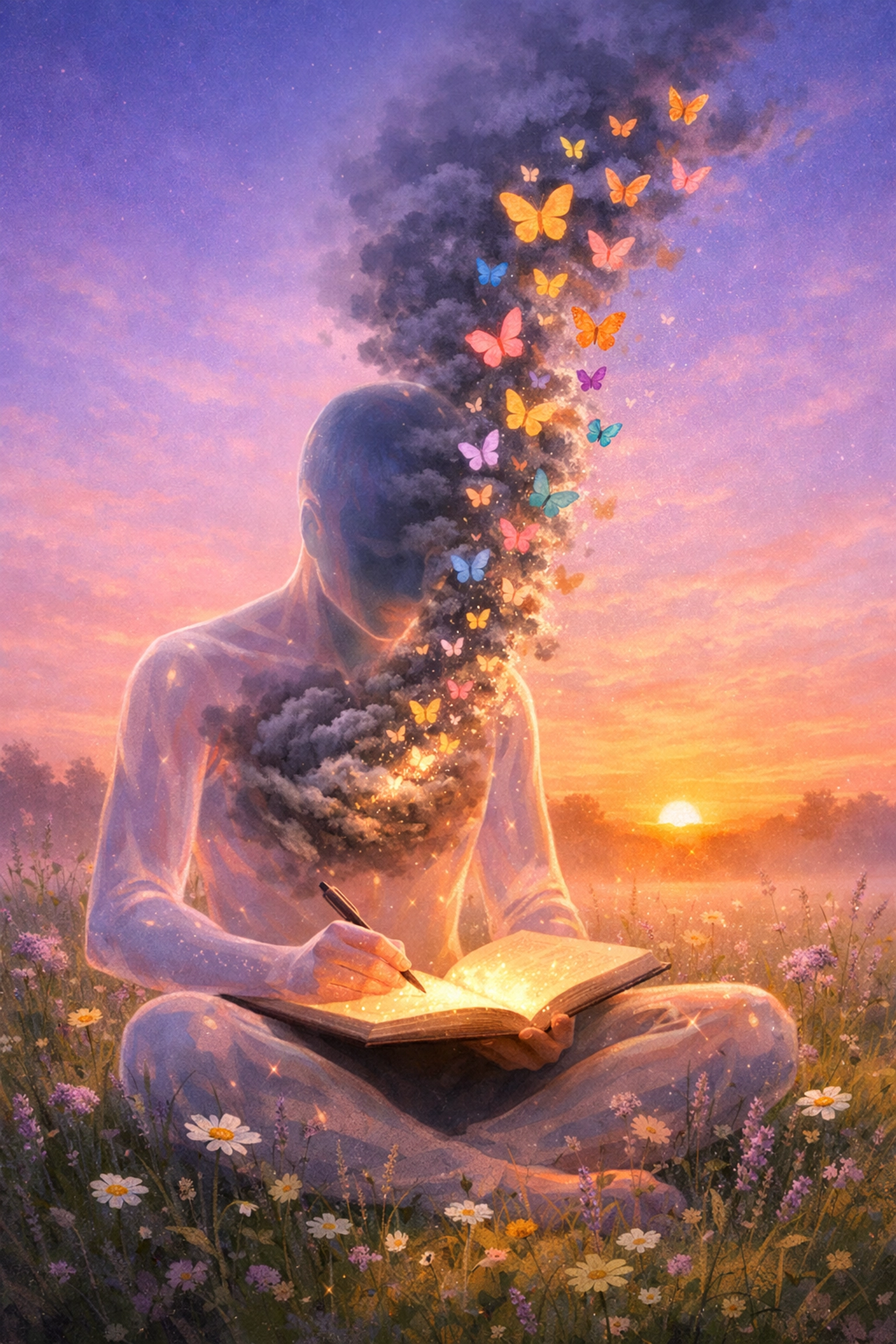 Illustration showing morning journaling transforming stress and anxiety into emotional peace.