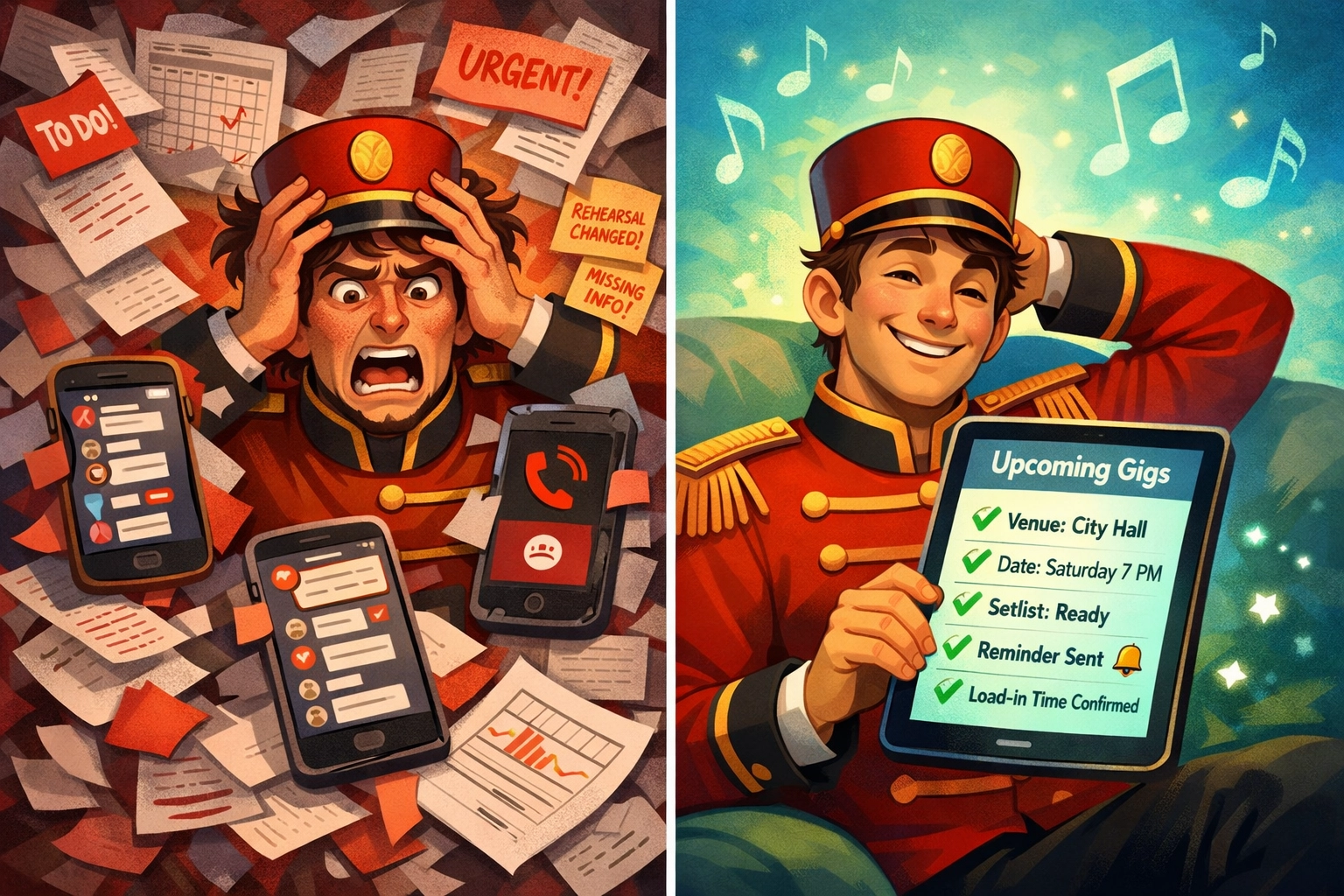 Before and after comparison: chaotic band scheduling with spreadsheets vs organized workflow with management app