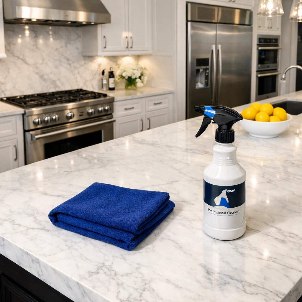 Professional cleaners in Westford MA using eco-friendly tools on a clean marble kitchen island.
