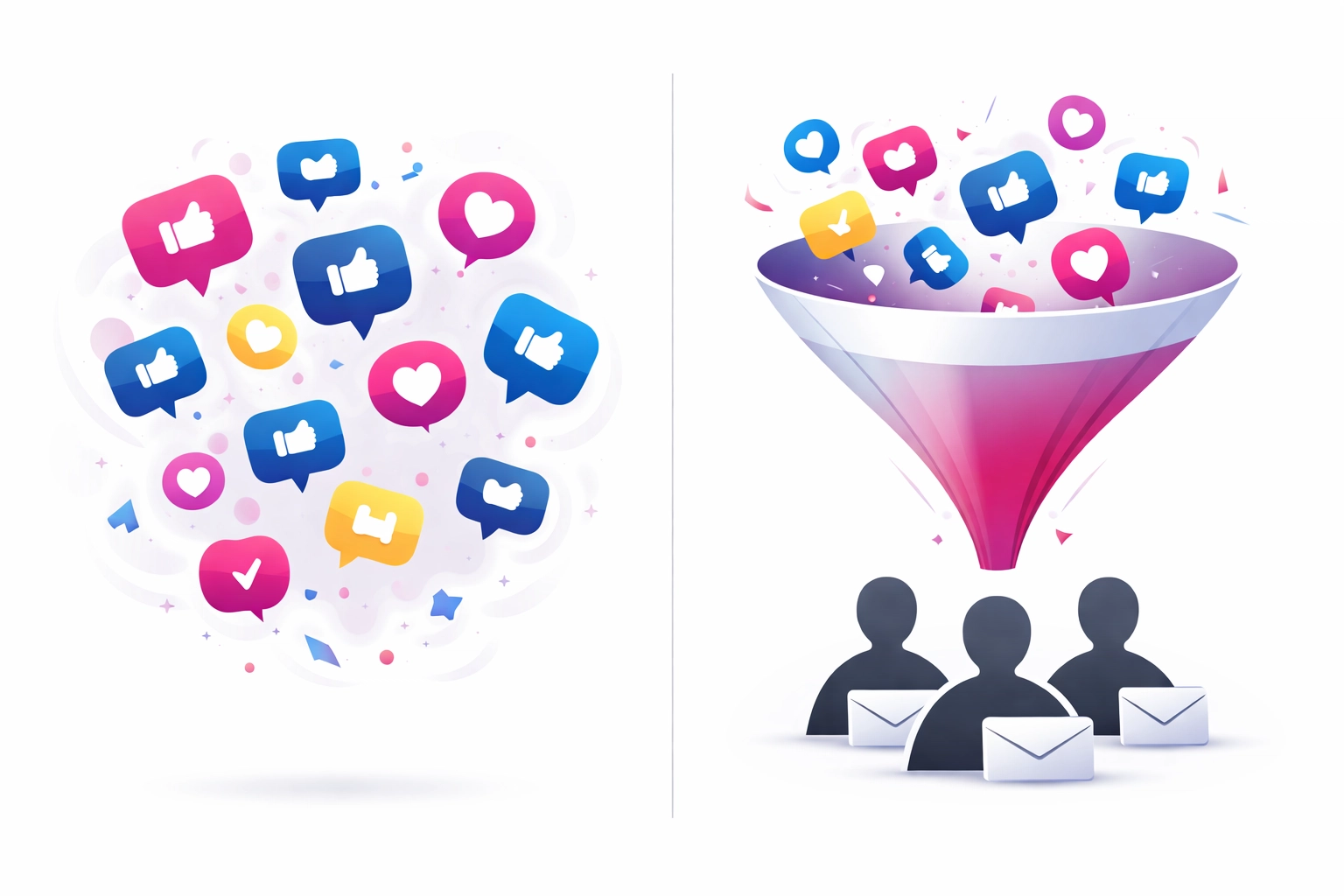 Comparison of scattered social media engagement versus organized lead generation funnel