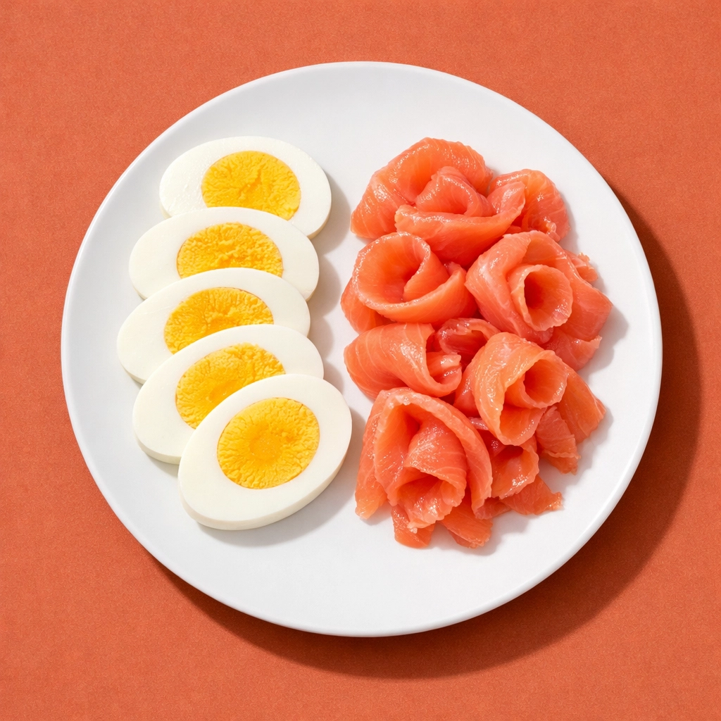 Sliced hard-boiled eggs and smoked salmon on a plate, providing protein and Omega-3s for muscle recovery.