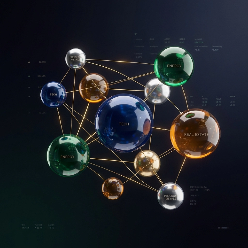 Visual concept of private equity diversification featuring interconnected spheres representing various investment sectors