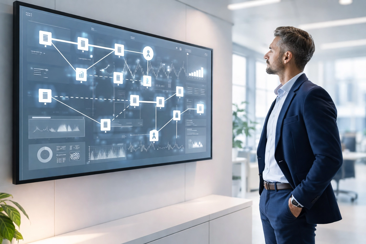Business leader reviewing a digital dashboard with connected workflow diagrams, representing integrated business technology systems.