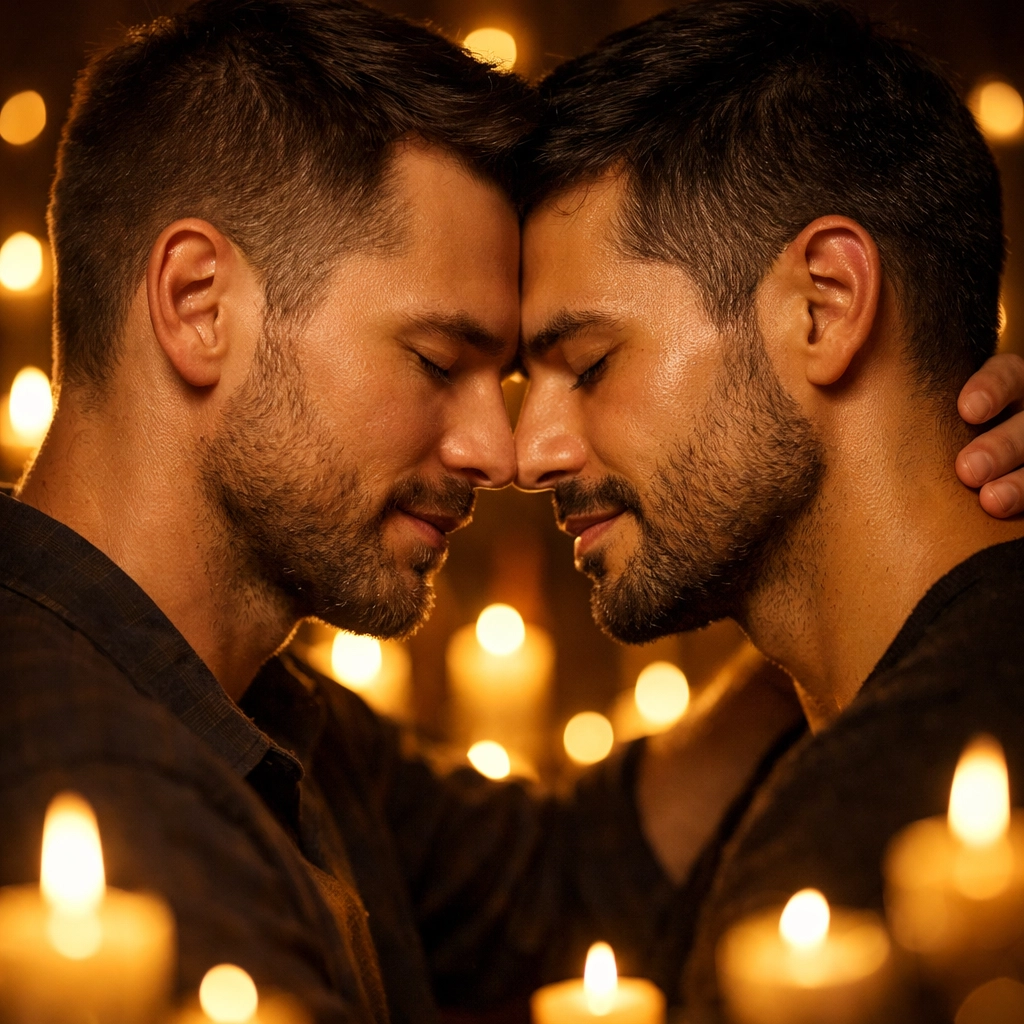 Two men in a tender embrace surrounded by candles, illustrating the sacred connection in MM romance stories.