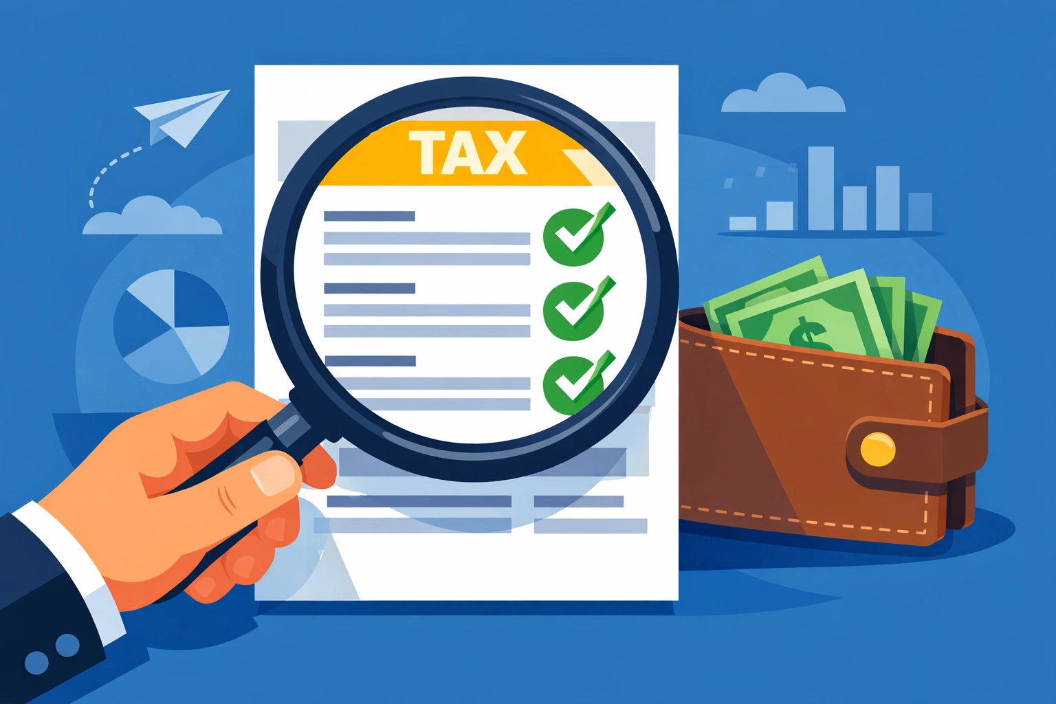 Reviewing a tax form with a magnifying glass to ensure accurate deductions and a higher refund.