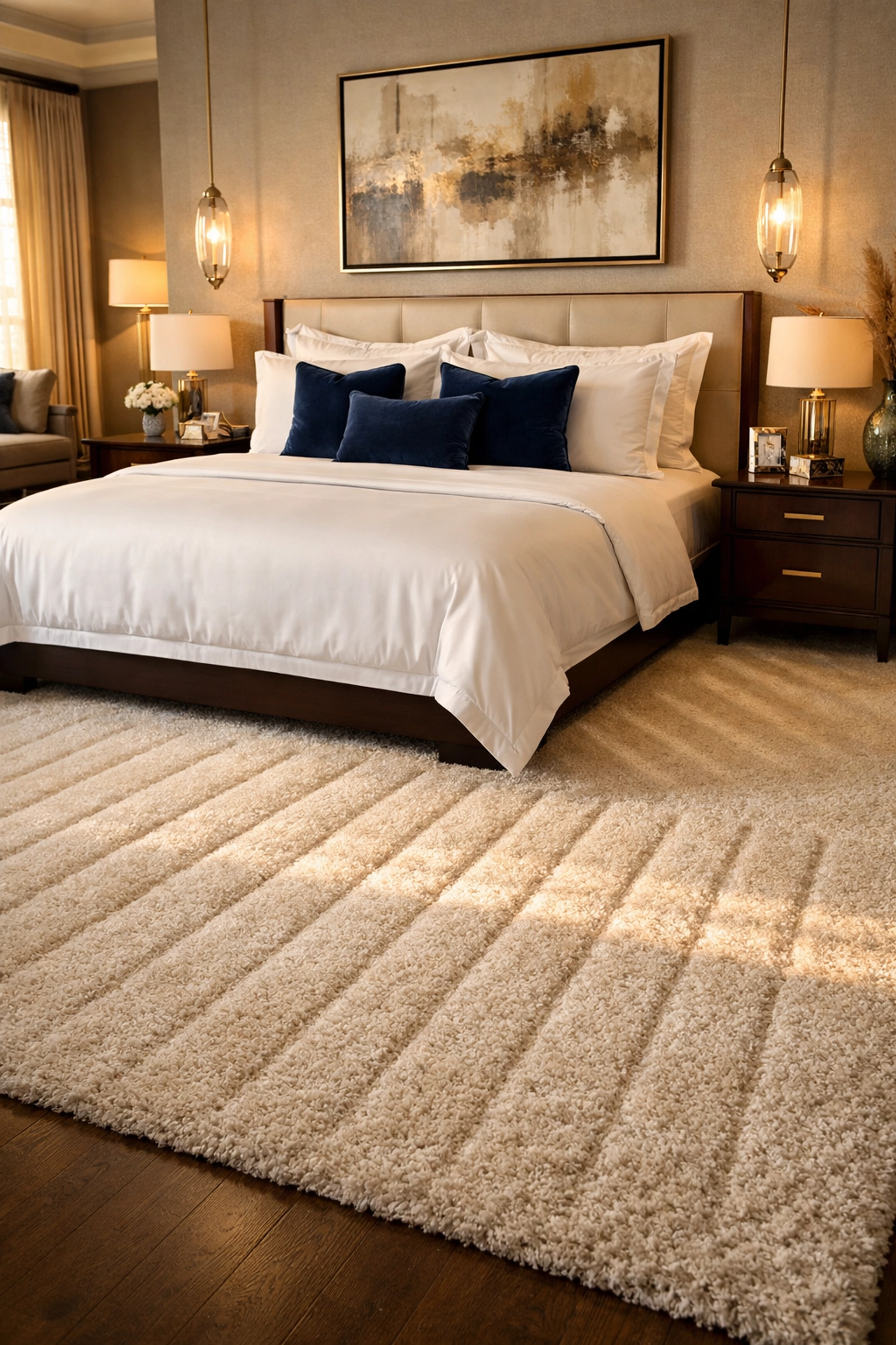 A luxury Brookline master bedroom with perfectly made bed linens and fresh vacuum lines after a professional cleaning.