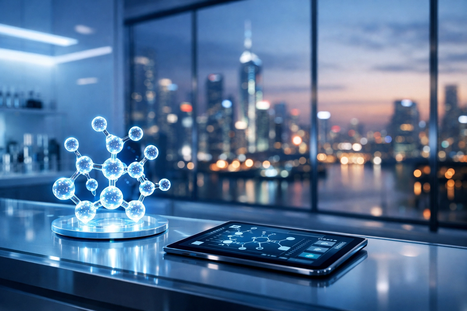 Modern laboratory with a holographic molecule symbolizing pharmaceutical technology and regulatory shifts in China.