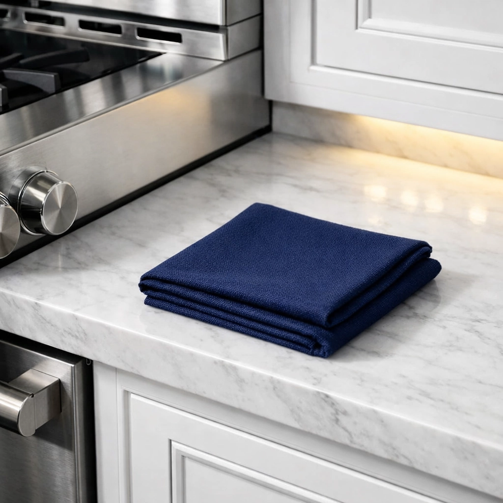 Close-up of a spotless Lincoln kitchen marble counter following North Star cleaning standards.