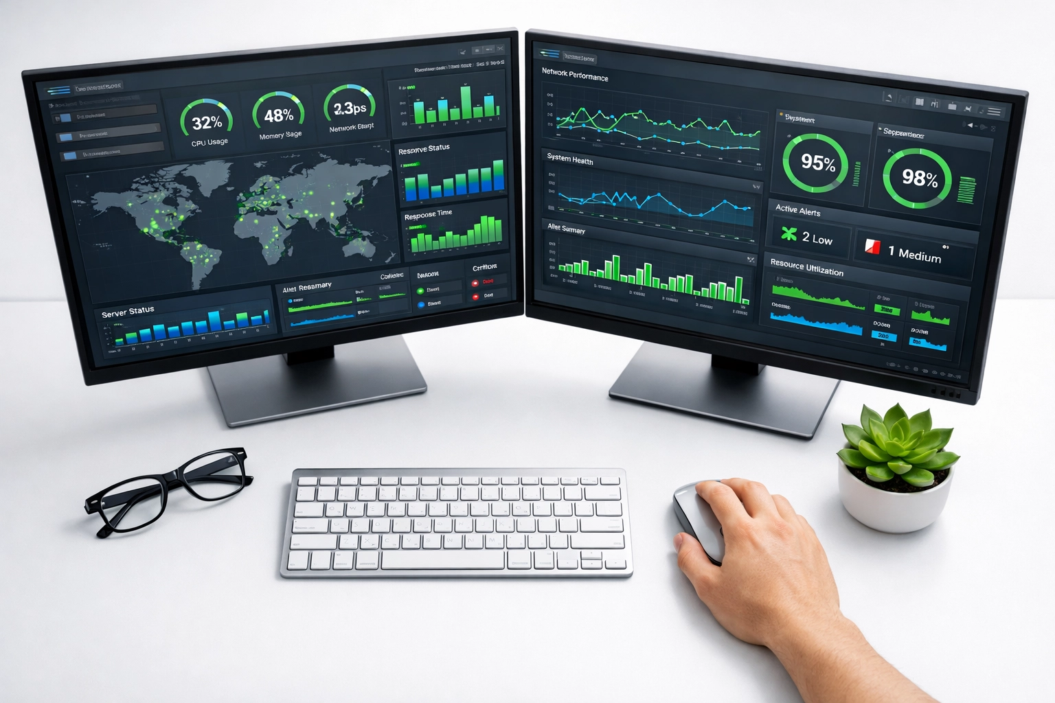 Modern workstation displaying ServiceNow ITOM and ITAM dashboards for infrastructure monitoring.
