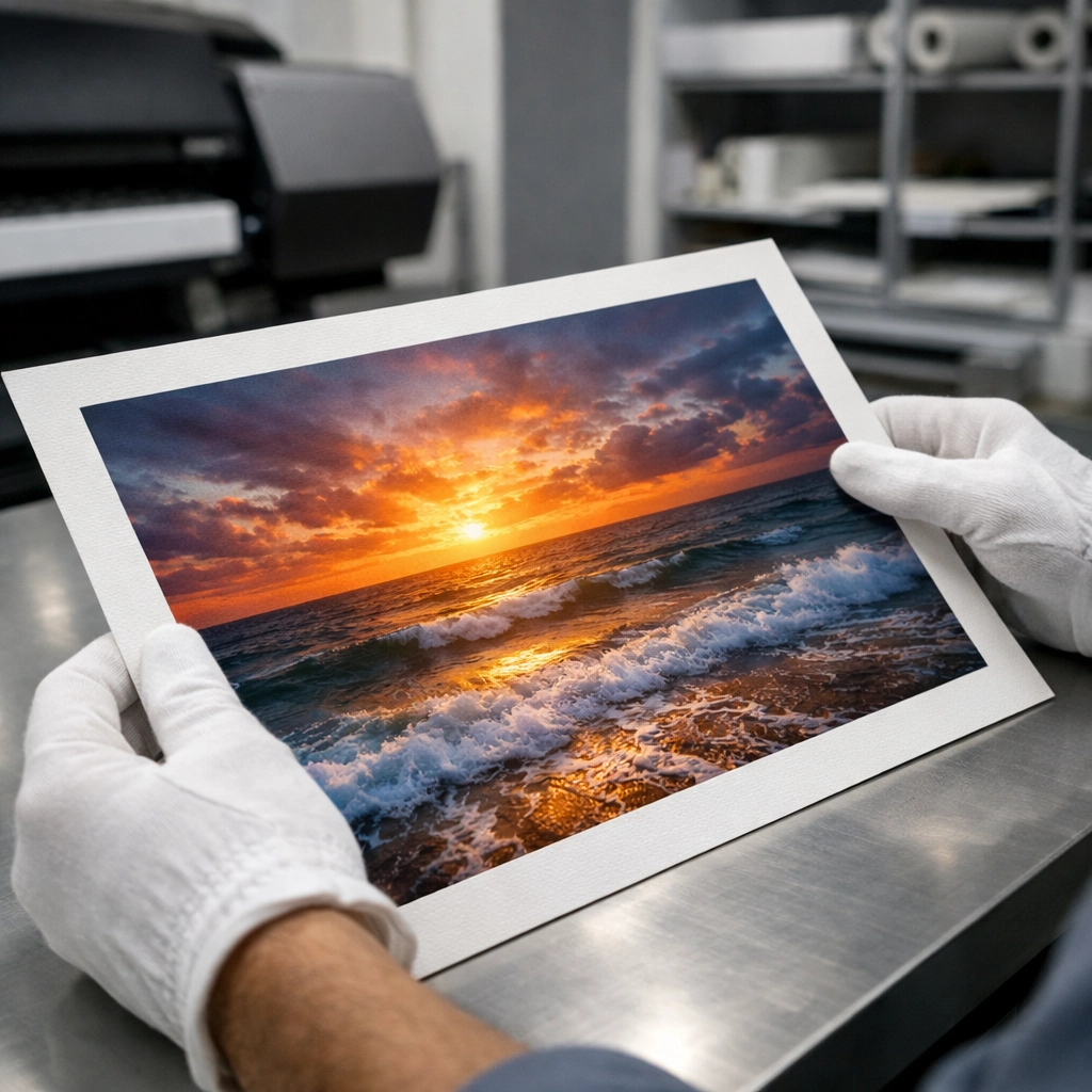 Photographer in a Miami lab inspecting a fine art print to ensure quality work for professional photography jobs.
