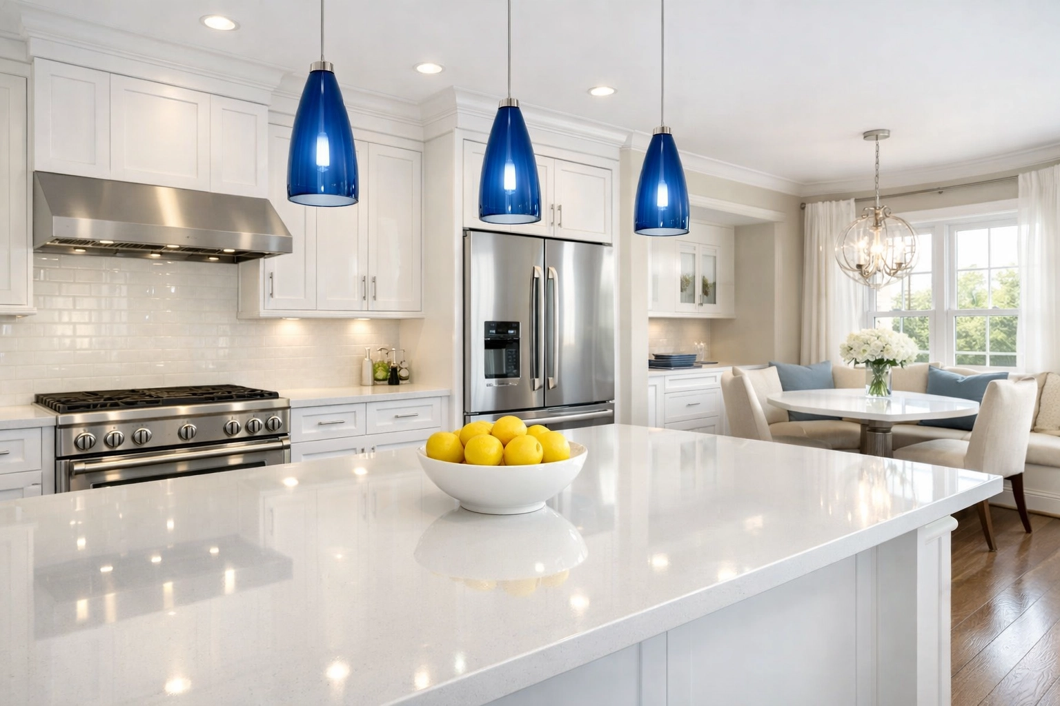 Spotless luxury kitchen with white quartz countertops and gleaming appliances from house cleaning Ashby MA.