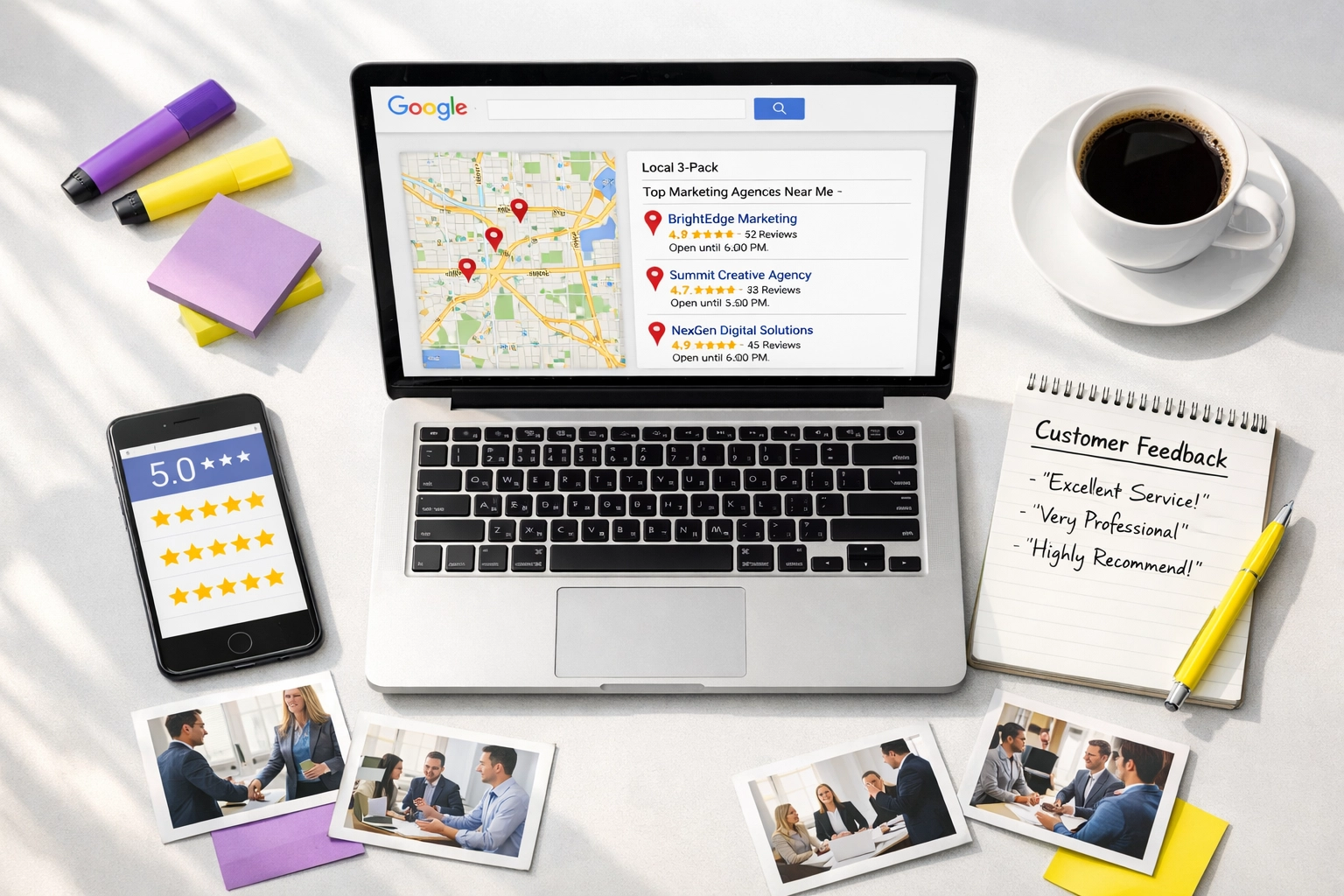 Google Maps local SEO workspace showing 3-pack rankings and customer reviews for service businesses