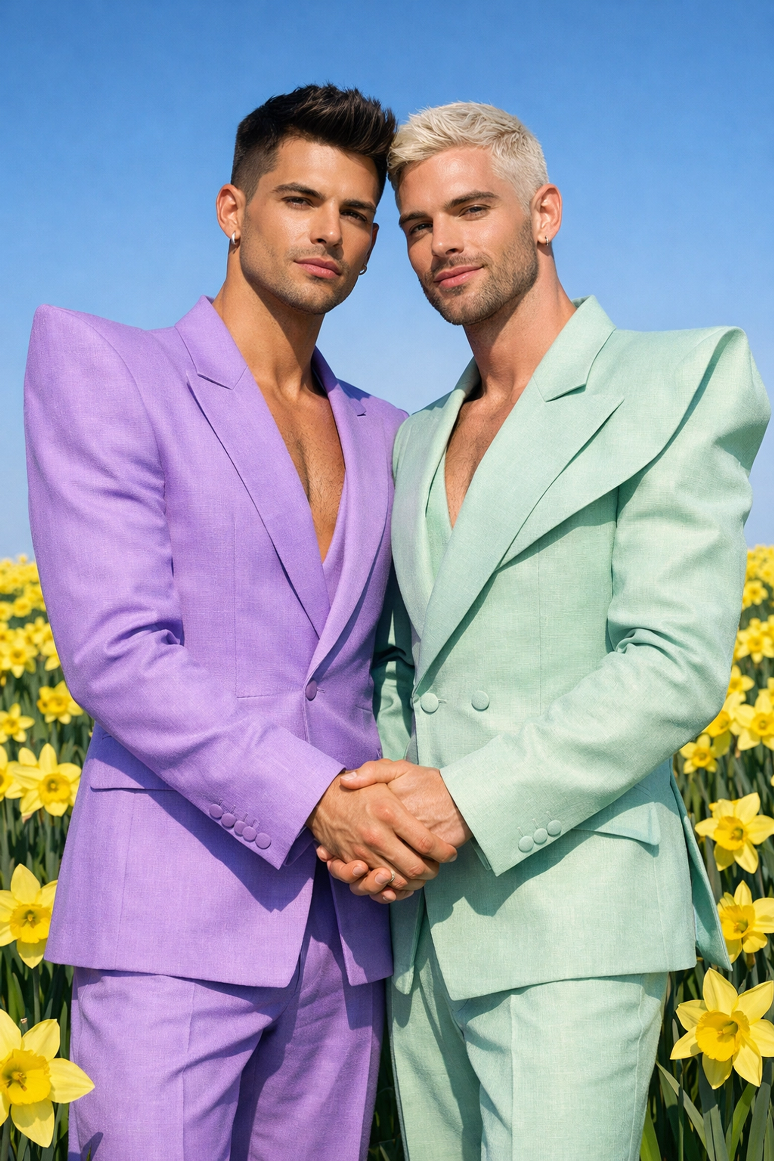 A gay couple in modern pastel suits holding hands in a spring field, representing evolution in Easter fashion.