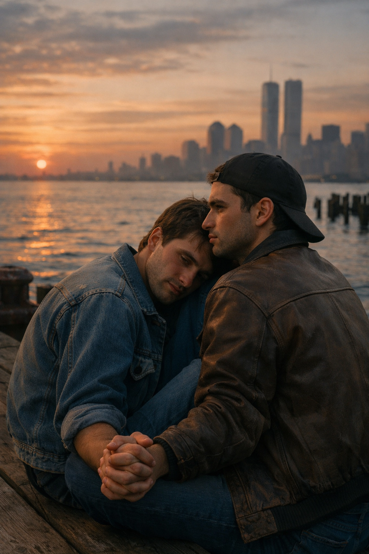 Two gay men at the NYC piers, reflecting resilience and MM romance themes of found family.