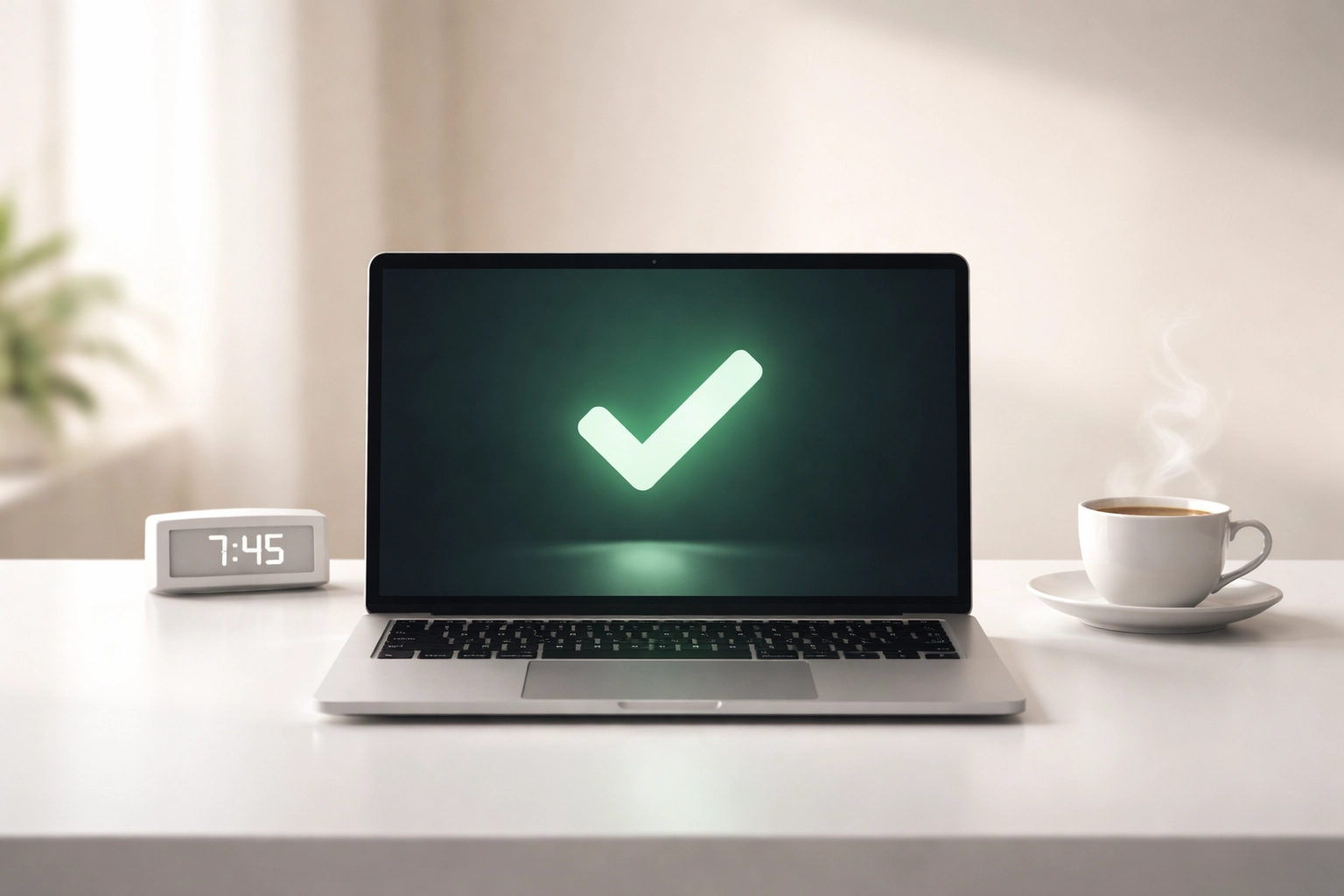Laptop with a green checkmark and coffee on a clean desk, symbolizing fast and efficient online notarization services