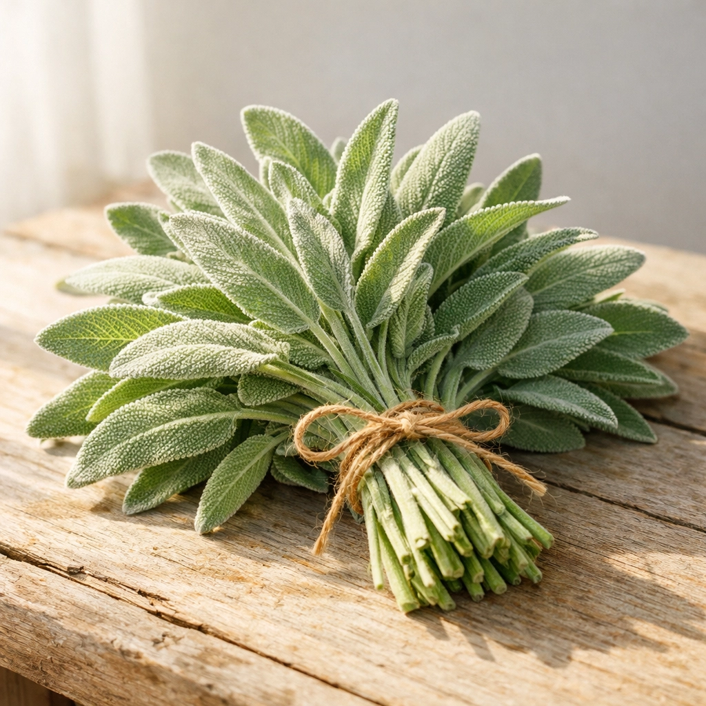 Fresh organic Moroccan Salmya (Sage) leaves tied with twine on a rustic table.