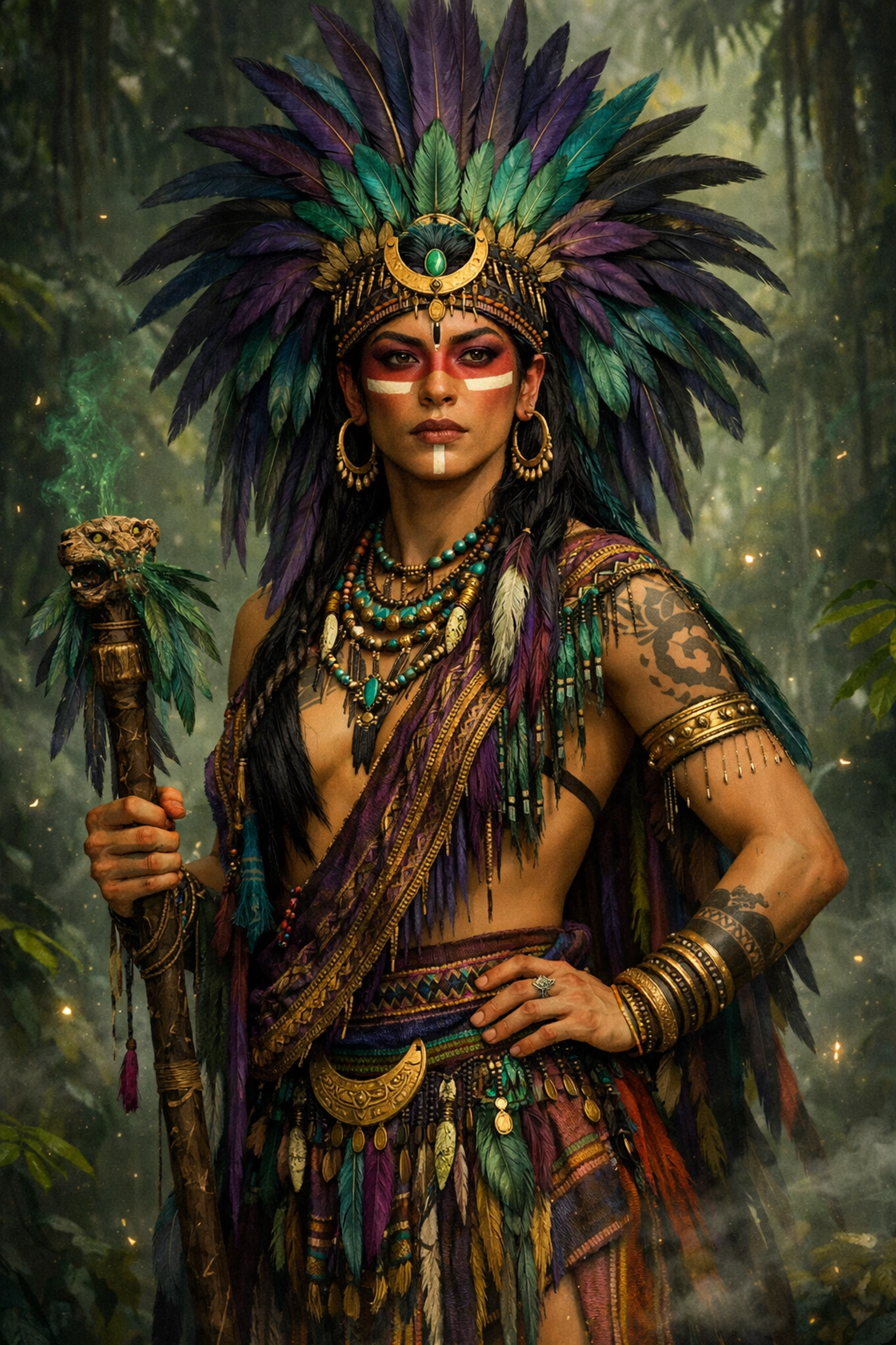 Gender-fluid Amazonian shaman in ceremonial dress showing indigenous two-spirit traditions