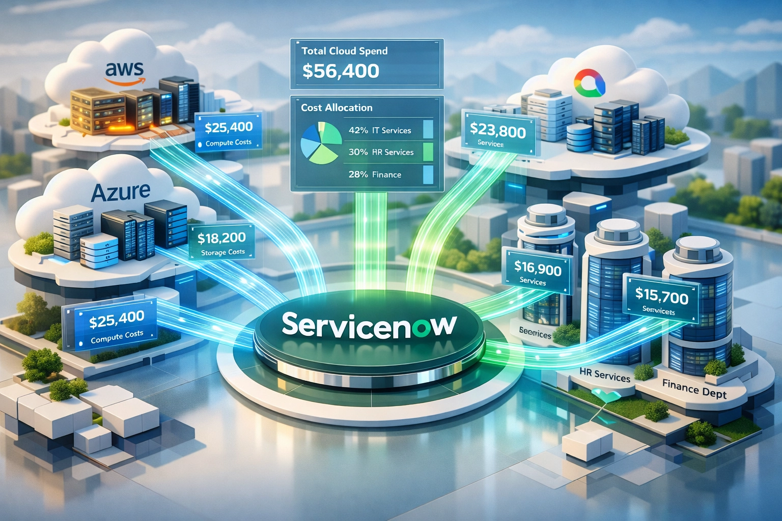 ServiceNow ITOM platform managing multi-cloud infrastructure with cost allocation tracking