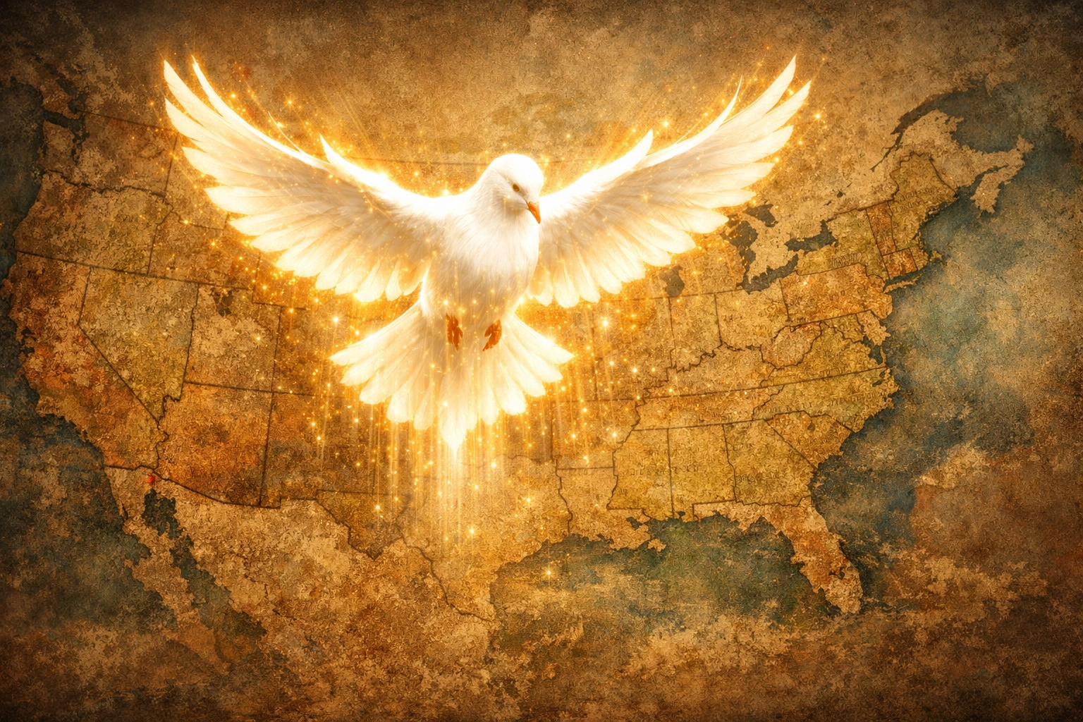 A symbolic dove of the Holy Spirit over a map of America, representing divine providence and grace.
